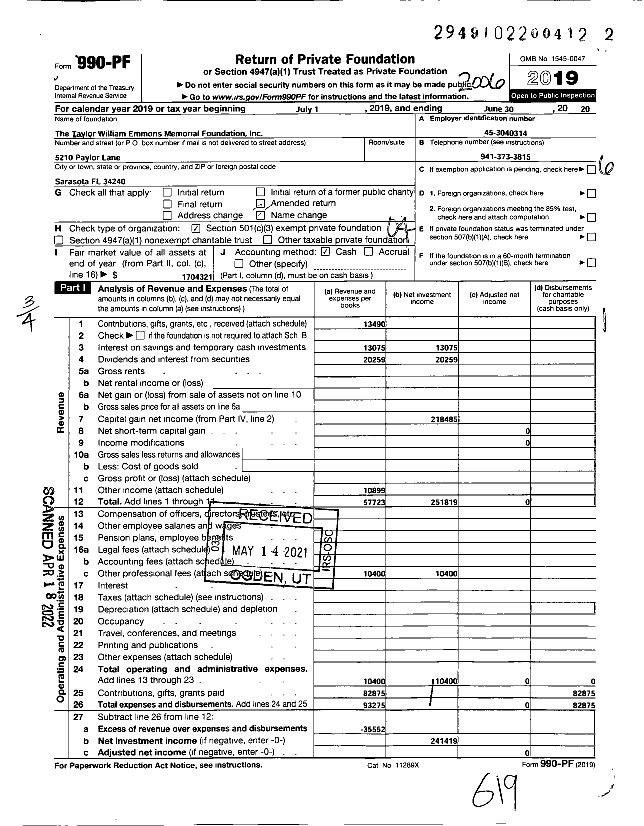 Image of first page of 2019 Form 990PF for Taylor William Emmons Memorial Foundation