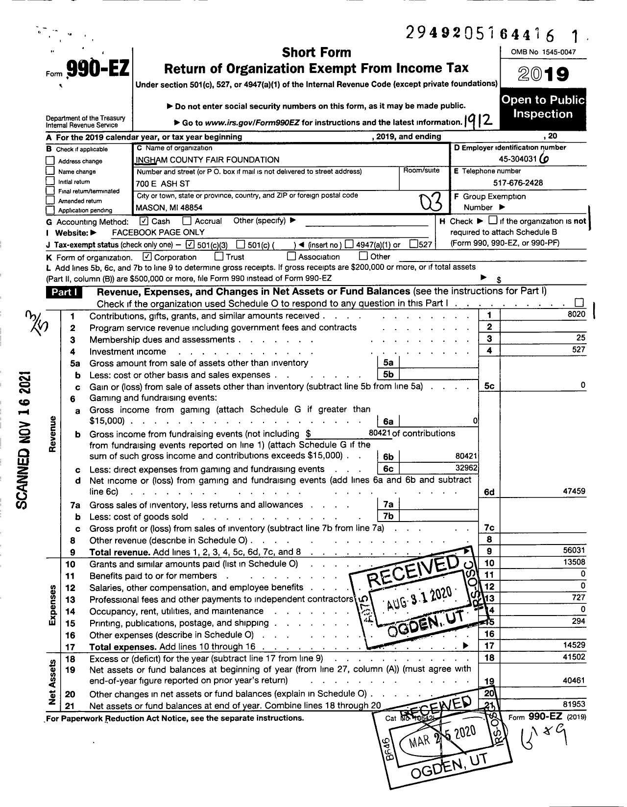 Image of first page of 2019 Form 990EZ for The Ingham County Fair Foundation