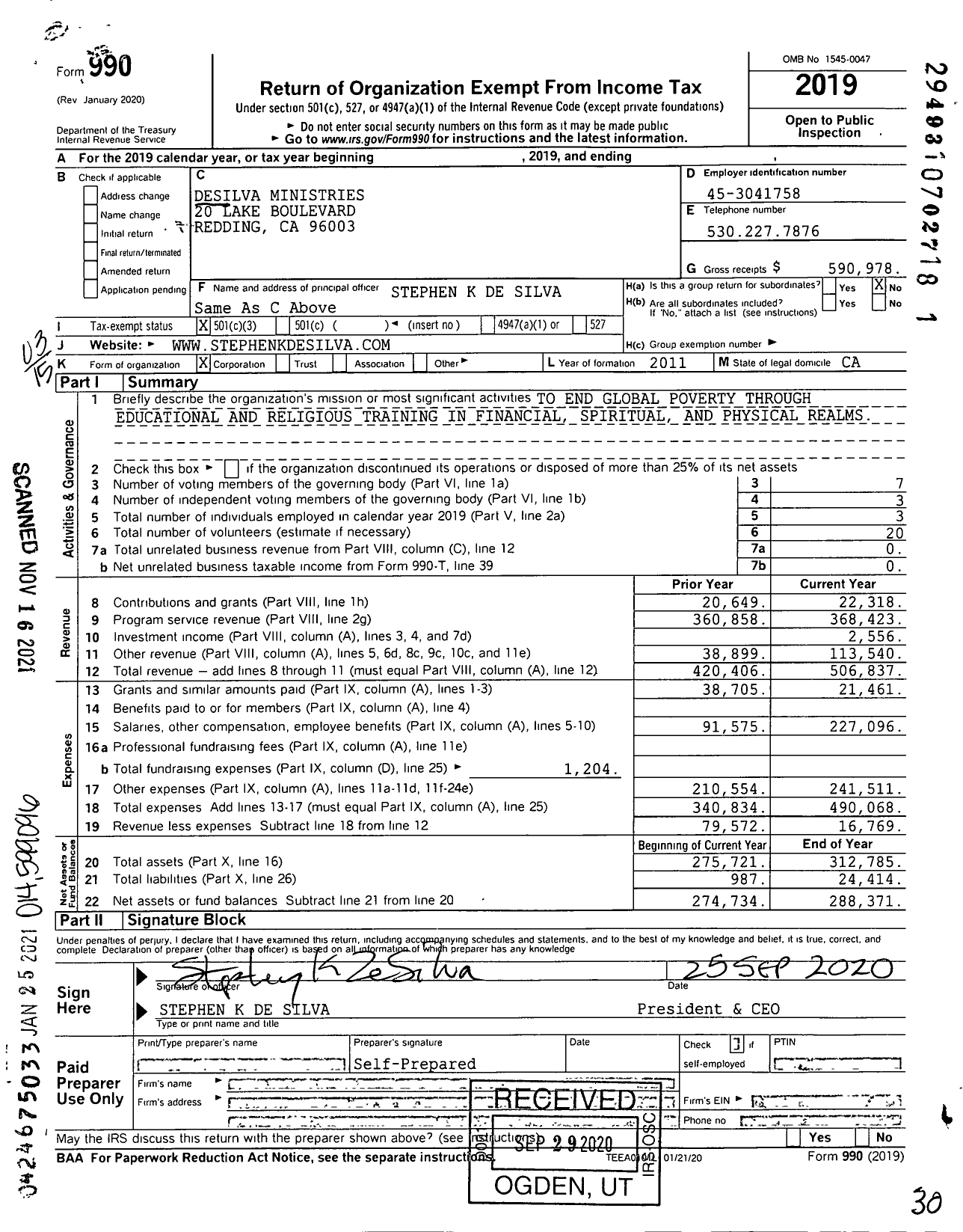 Image of first page of 2019 Form 990 for Desilva Ministries