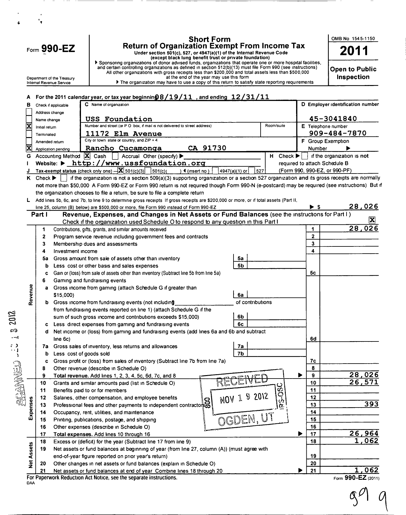 Image of first page of 2011 Form 990EZ for Uss Foundation