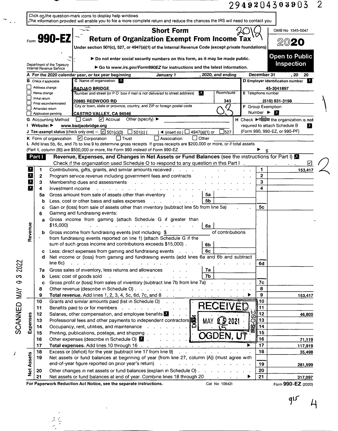 Image of first page of 2020 Form 990EZ for Badjao Bridge