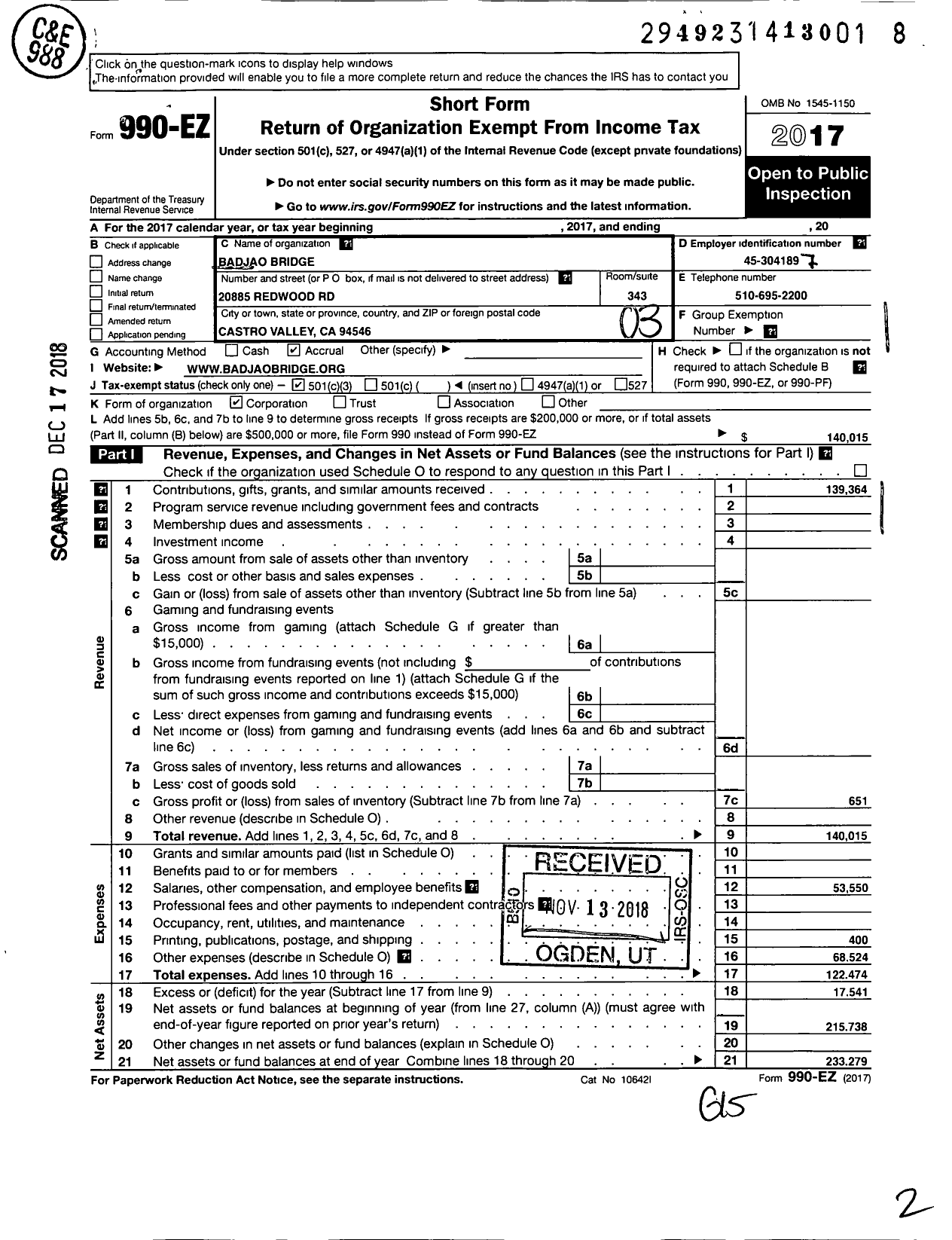 Image of first page of 2017 Form 990EZ for Badjao Bridge