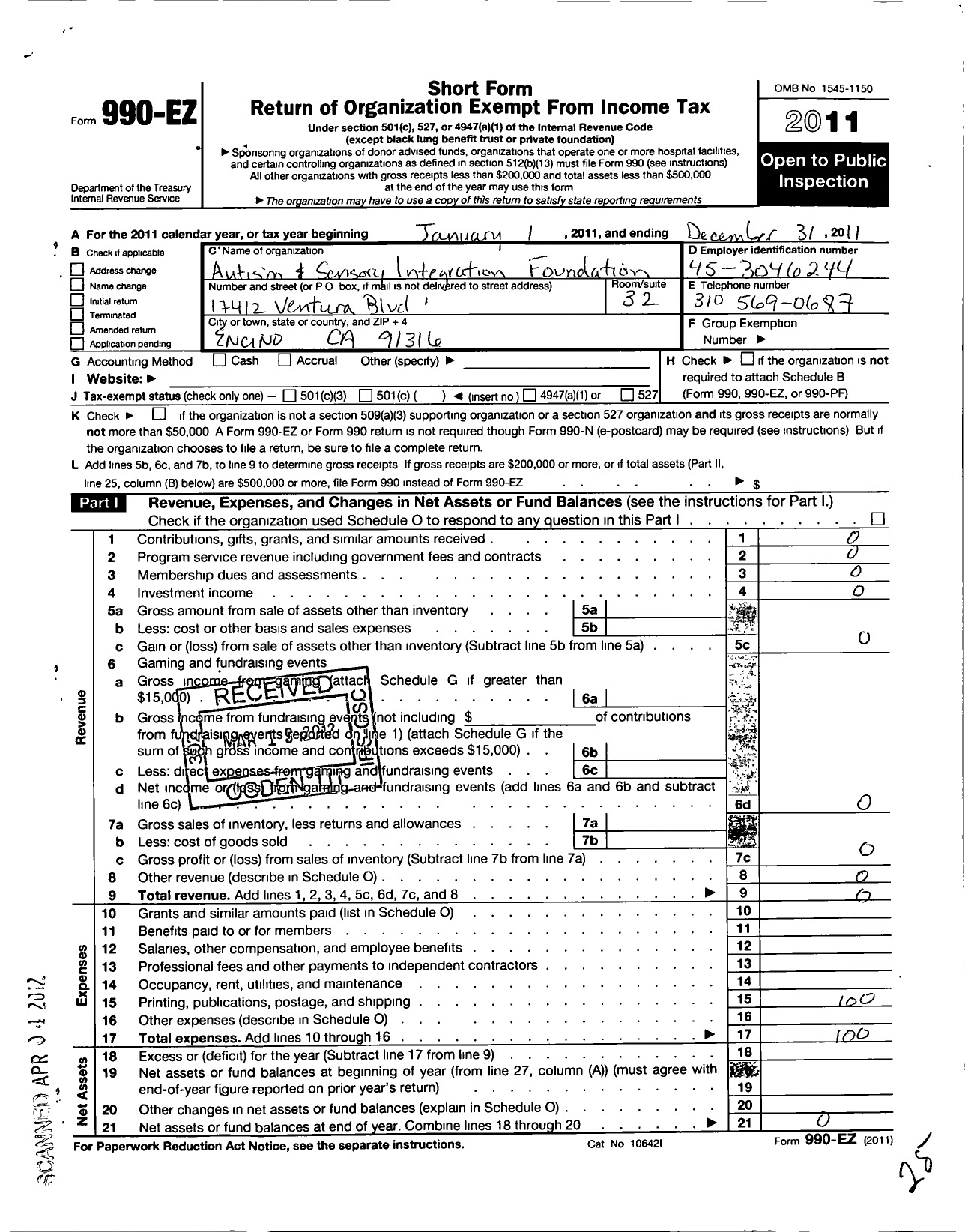 Image of first page of 2011 Form 990EO for Autism and Sensory Integration Foundation