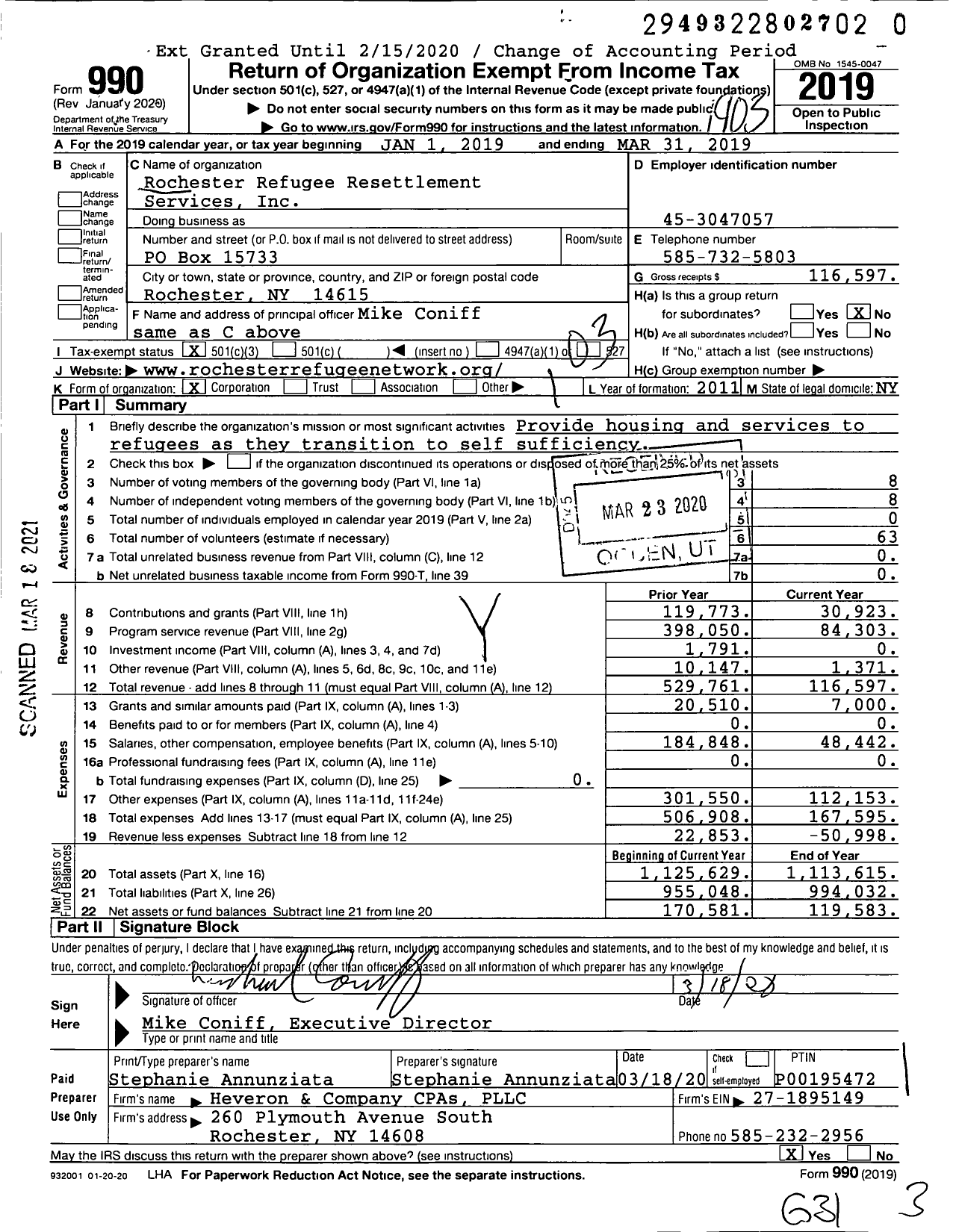 Image of first page of 2018 Form 990 for Rochester Refugee Resettlement Services