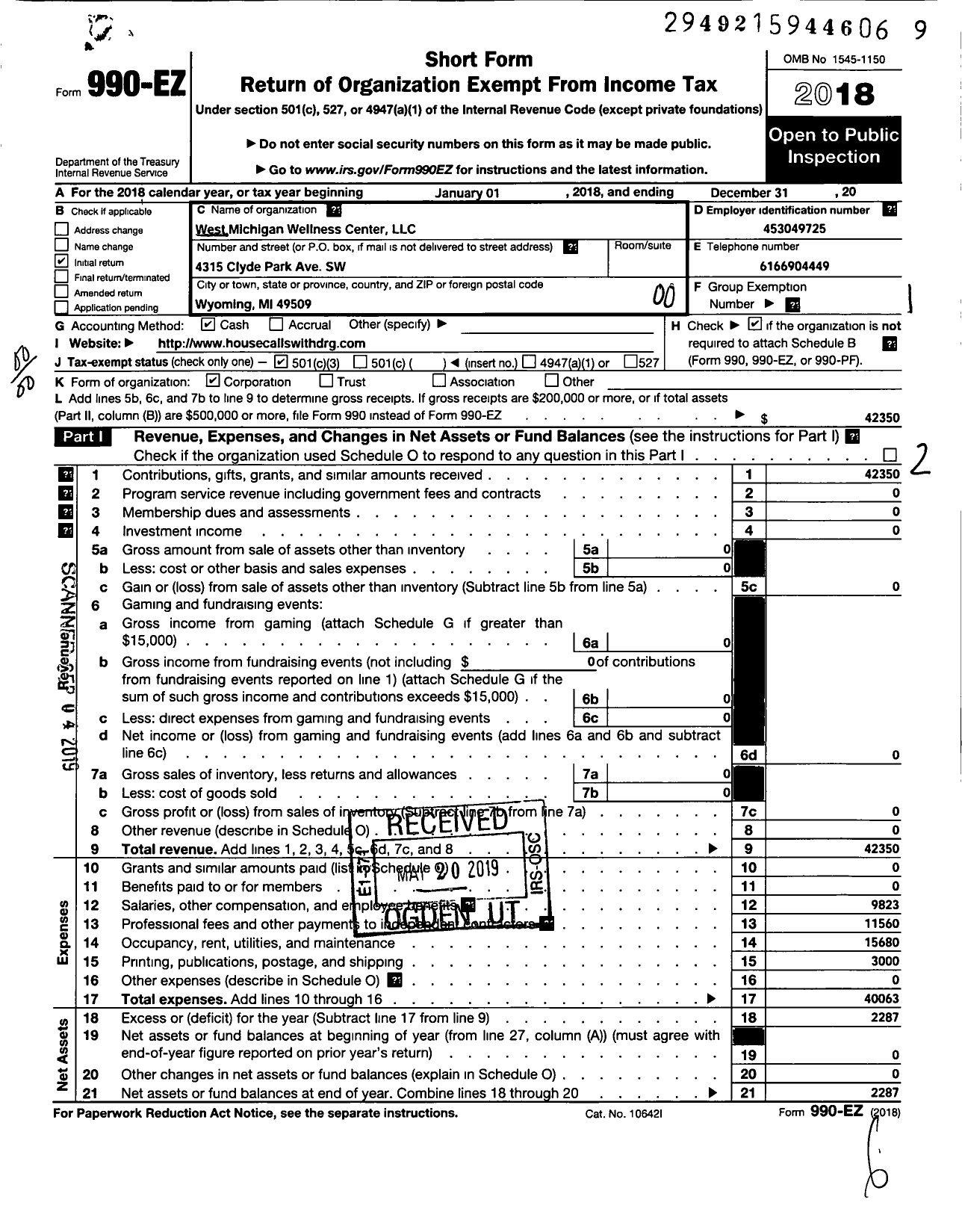 Image of first page of 2018 Form 990EO for West Michigan Wellness Center