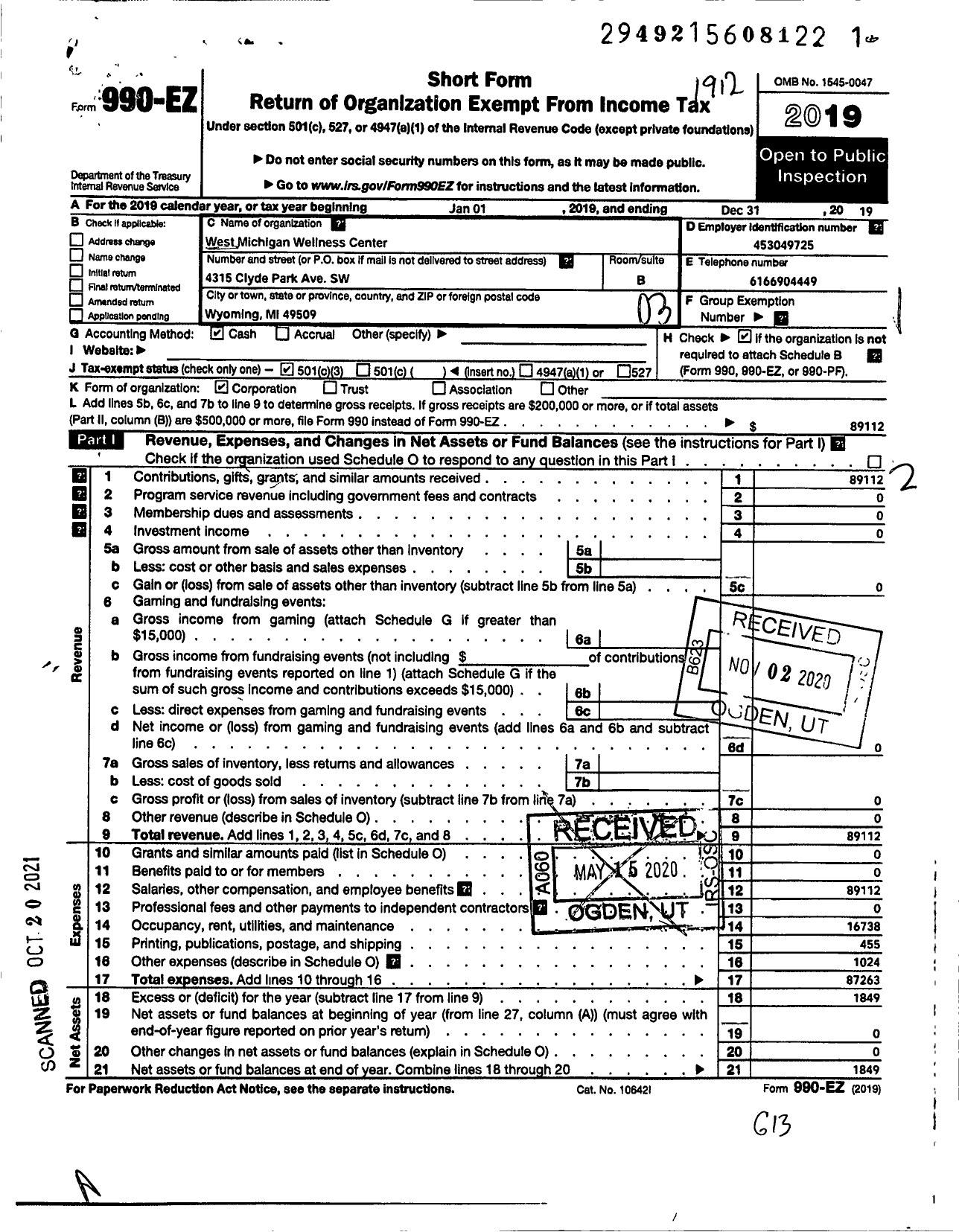 Image of first page of 2019 Form 990EZ for West Michigan Wellness Center