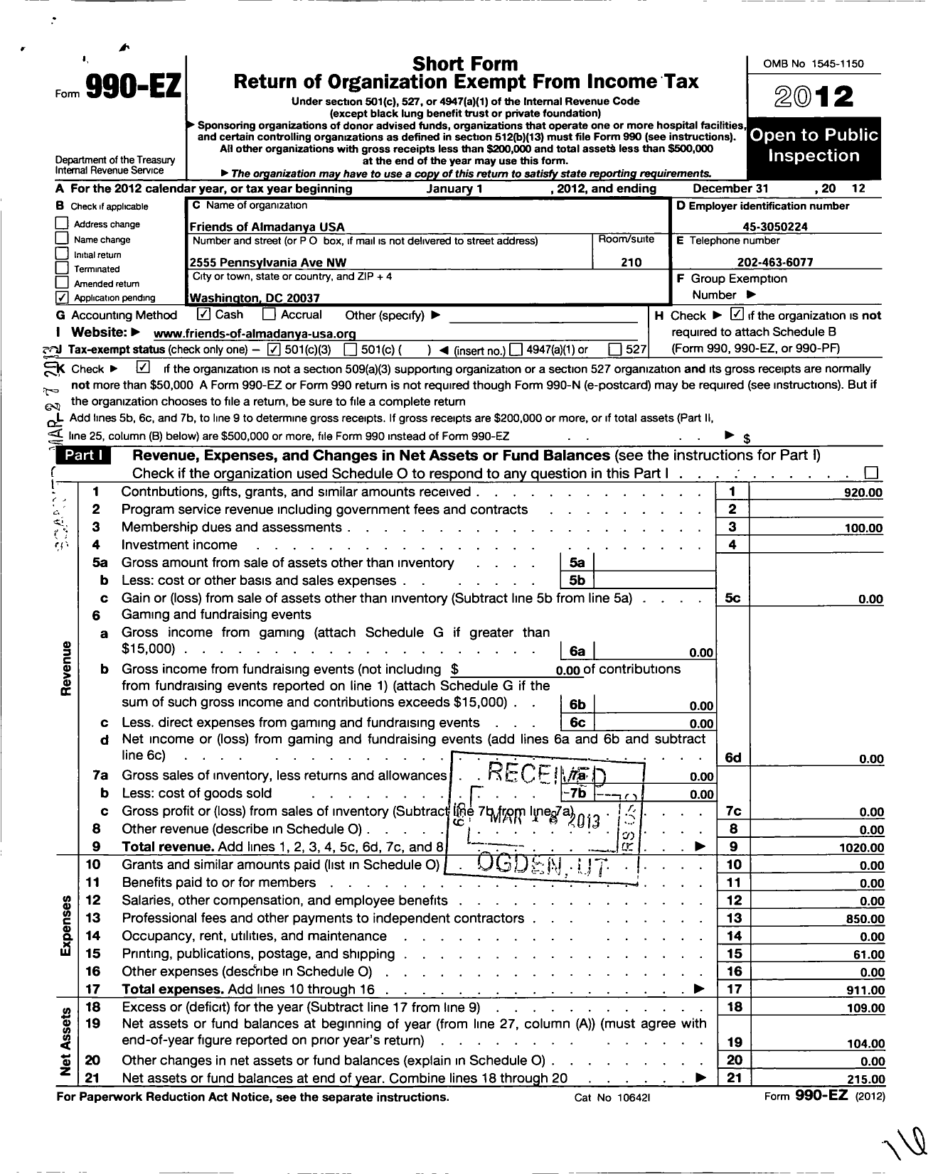 Image of first page of 2012 Form 990EZ for Friends of Tunisia