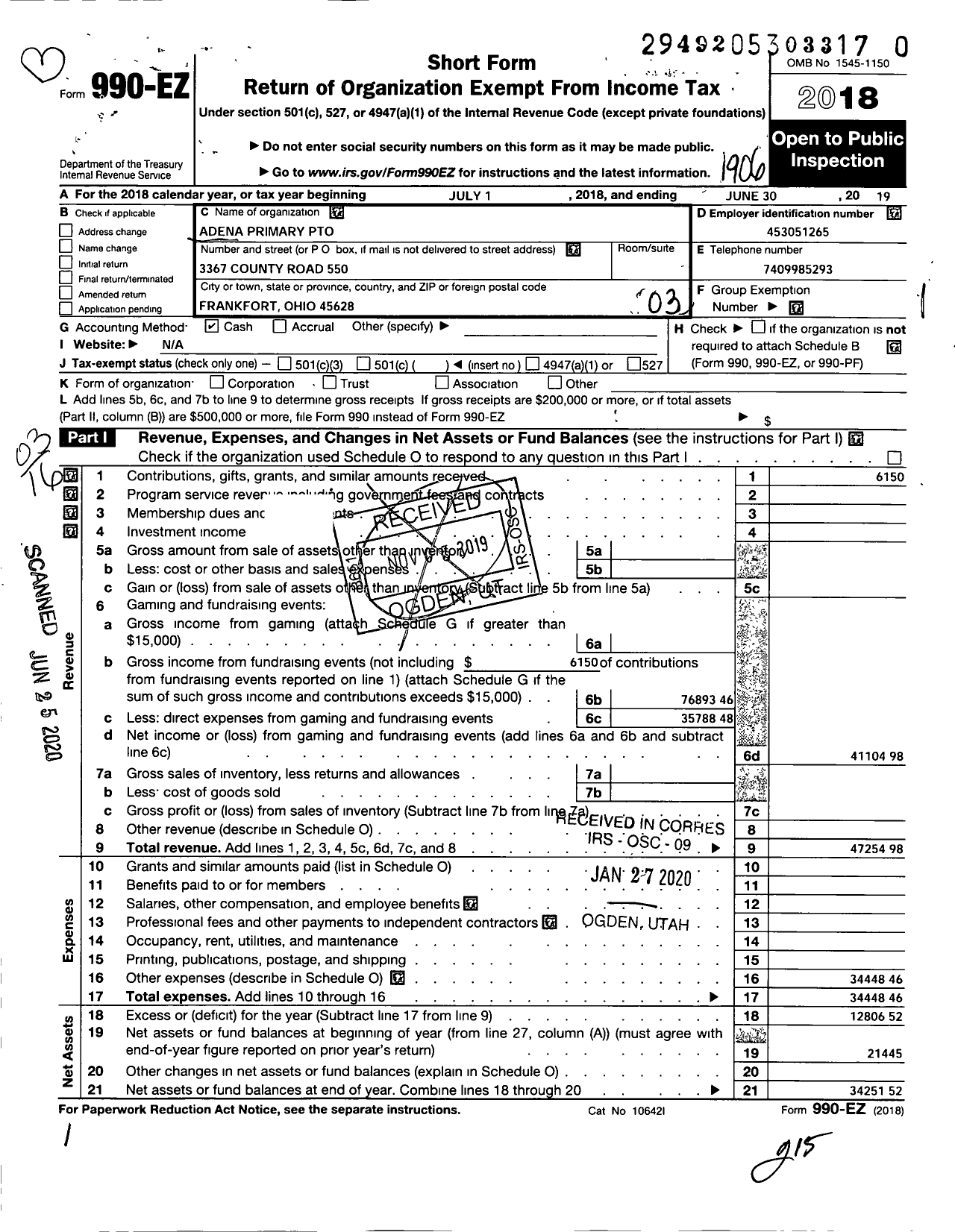 Image of first page of 2018 Form 990EZ for Adena Primary Pto