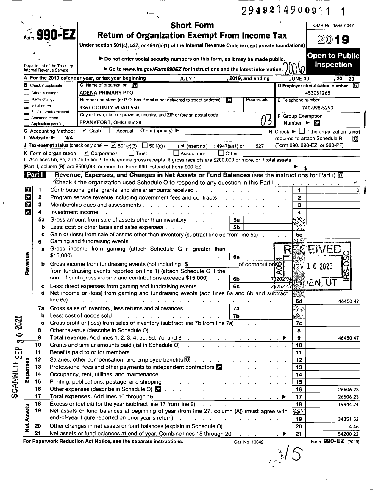 Image of first page of 2019 Form 990EZ for Adena Primary Pto