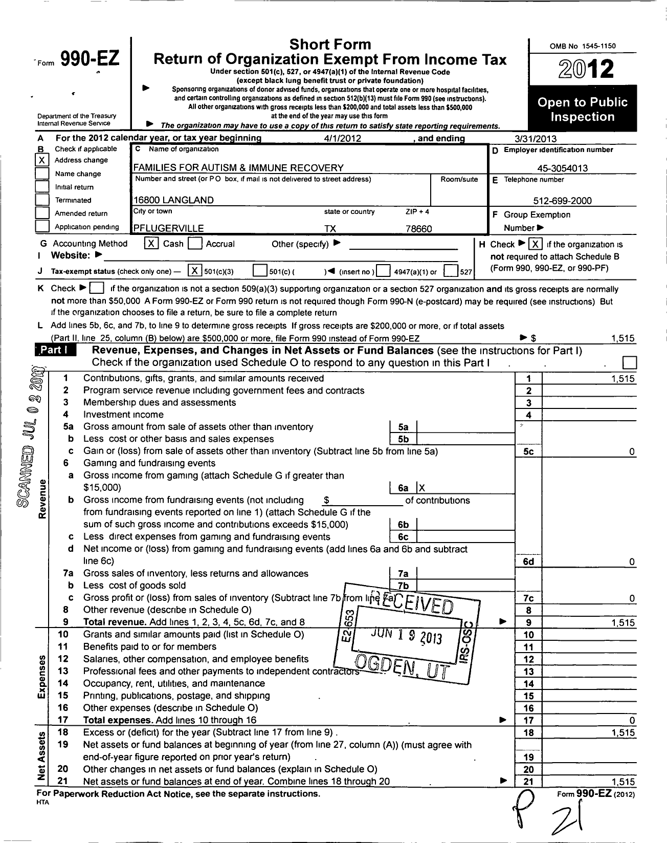 Image of first page of 2012 Form 990EZ for Families for Autism and Immune Recovery (FAIR)