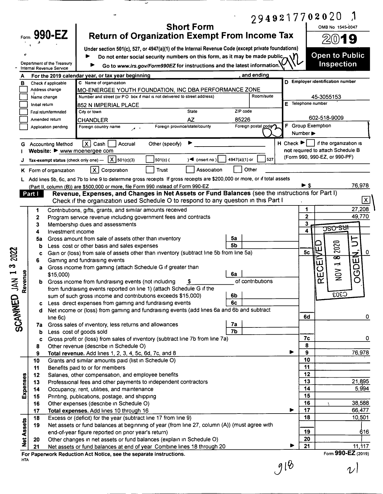 Image of first page of 2019 Form 990EZ for Mo-Energee Youth Foundation