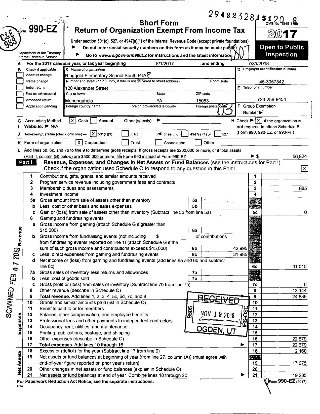 Image of first page of 2017 Form 990EZ for Ringgold Elementary School South PTA