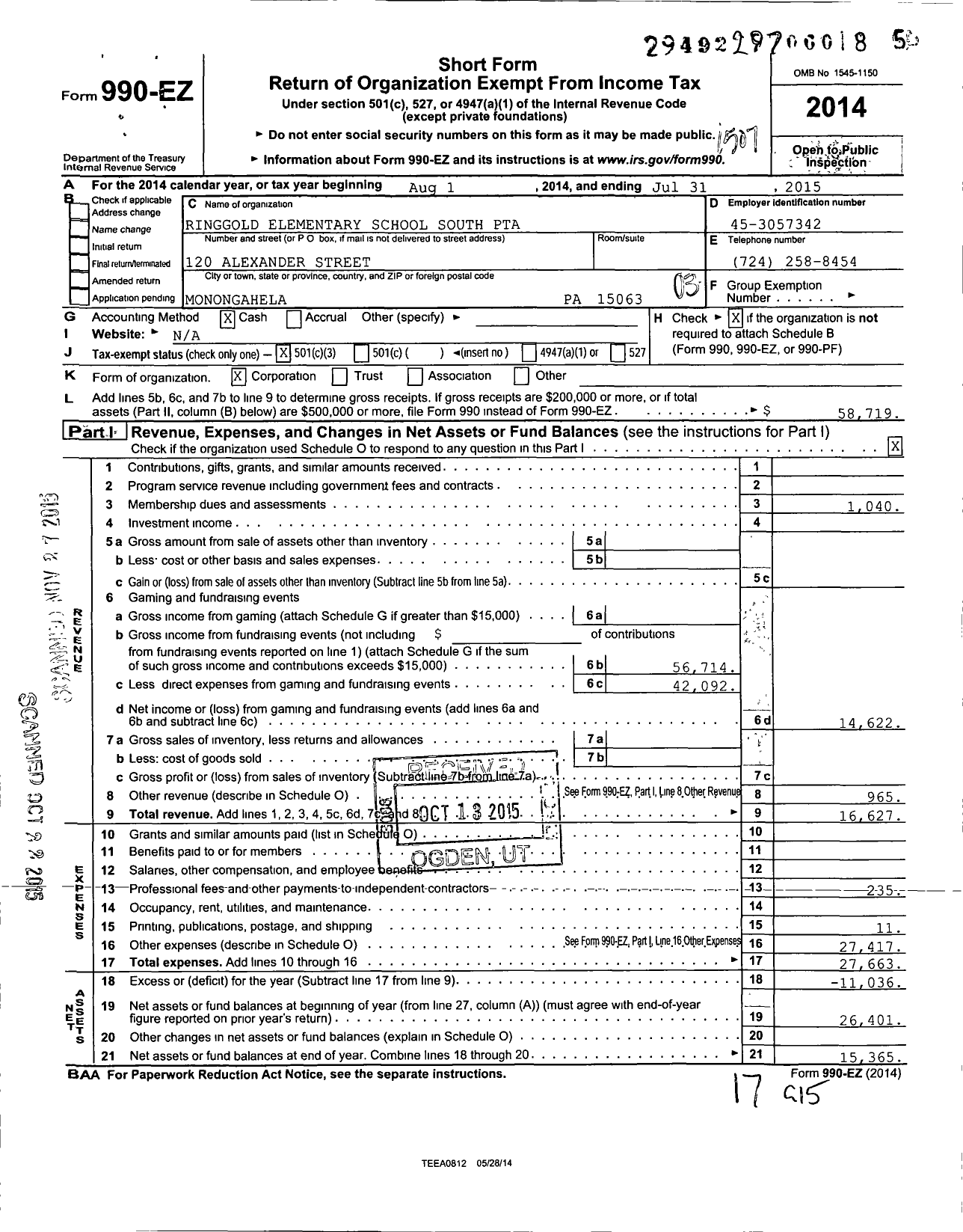 Image of first page of 2014 Form 990EZ for Ringgold Elementary School South PTA