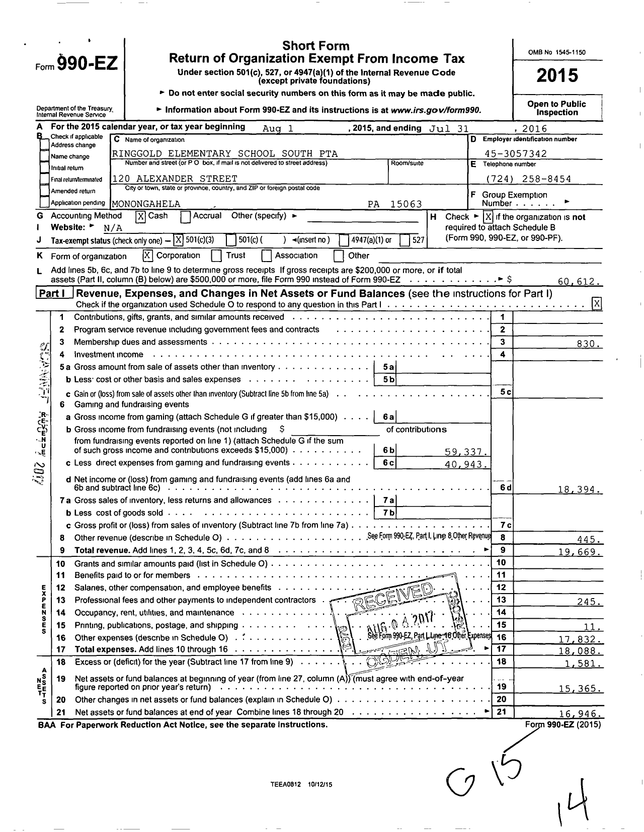 Image of first page of 2015 Form 990EZ for Ringgold Elementary School South PTA