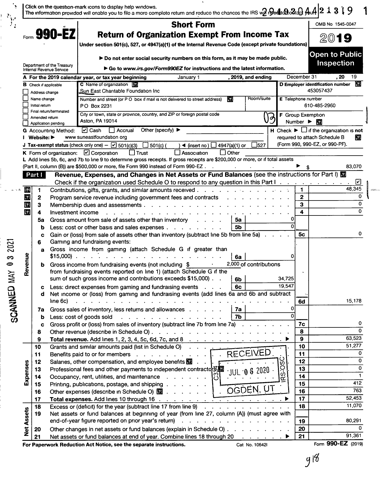 Image of first page of 2019 Form 990EZ for Sun East Foundation