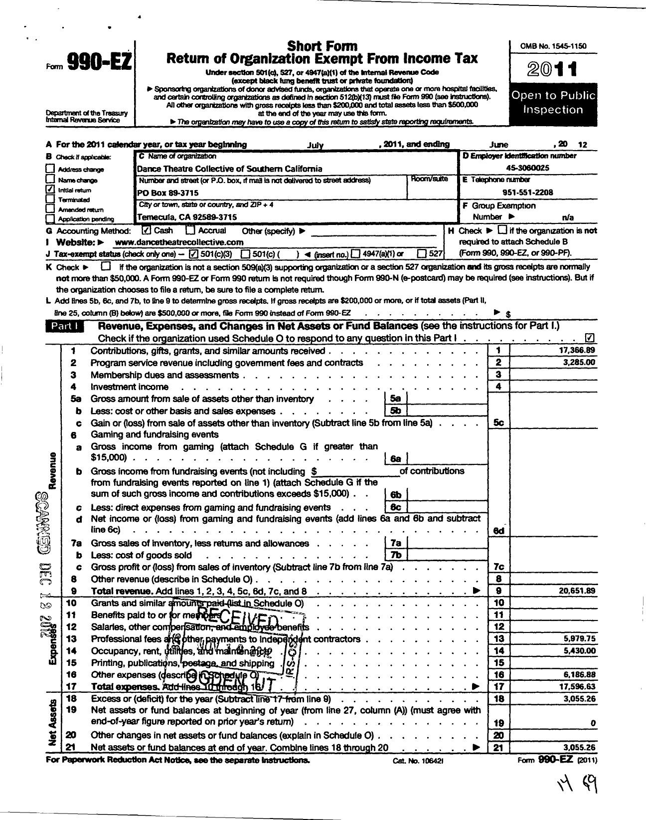 Image of first page of 2011 Form 990EZ for Dance Theatre Collective of Southern California