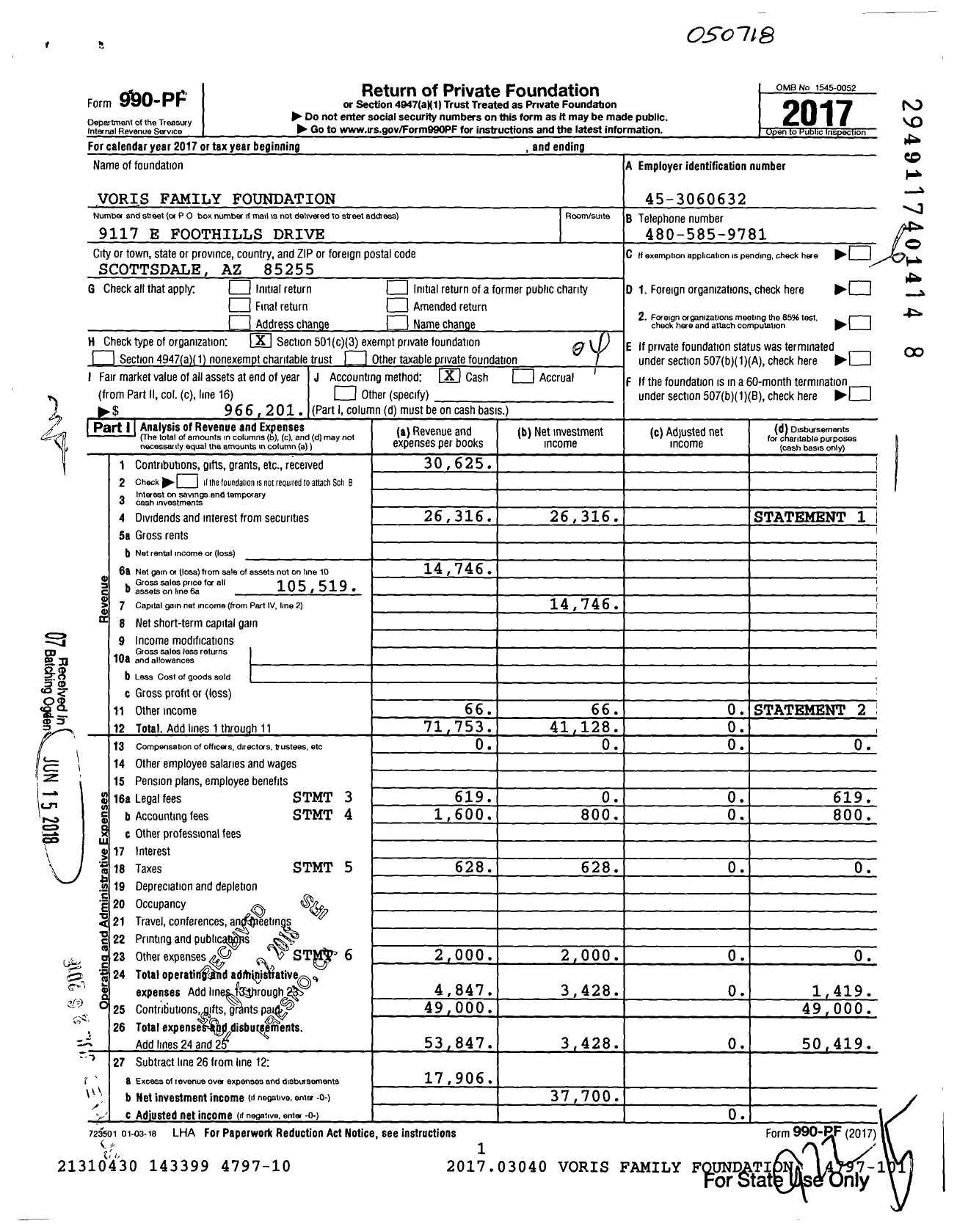 Image of first page of 2017 Form 990PF for Voris Family Foundation