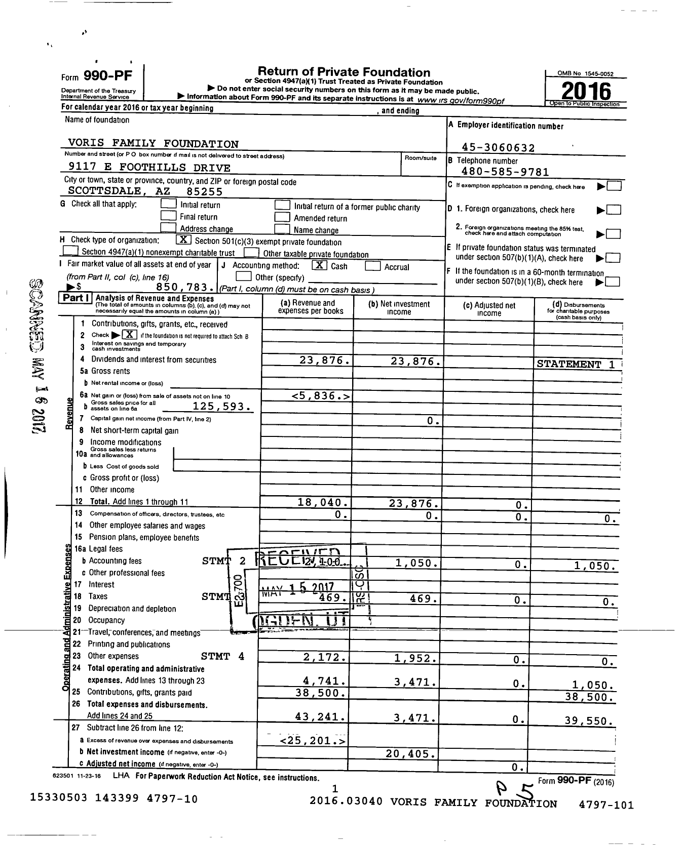 Image of first page of 2016 Form 990PF for Voris Family Foundation