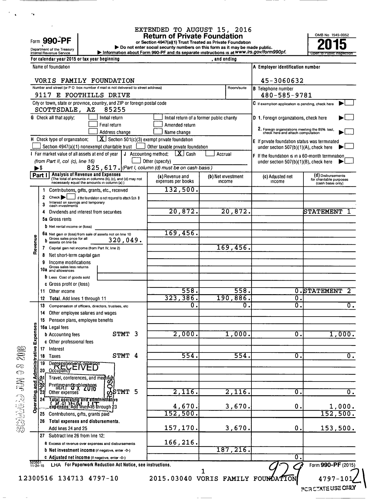Image of first page of 2015 Form 990PF for Voris Family Foundation
