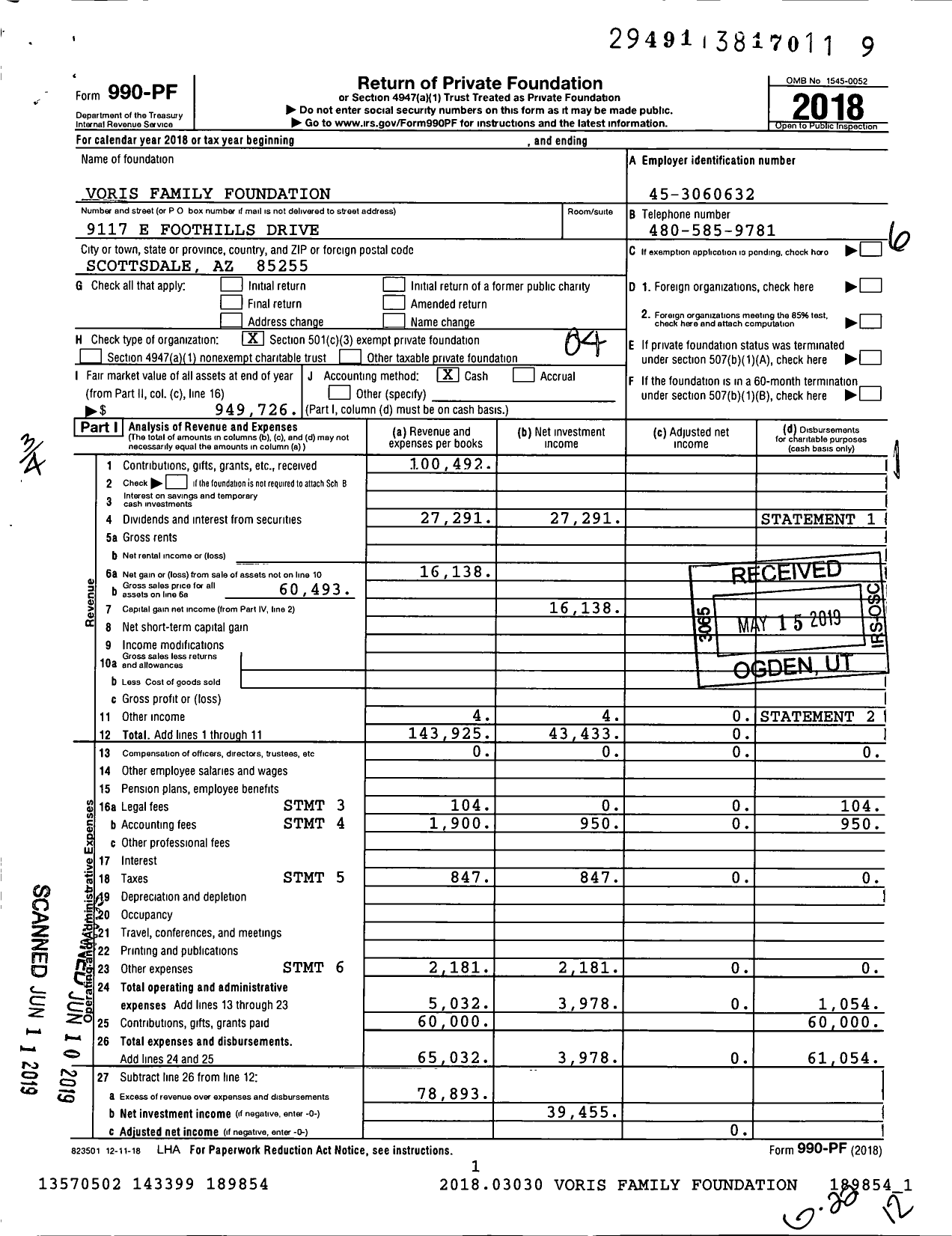 Image of first page of 2018 Form 990PF for Voris Family Foundation