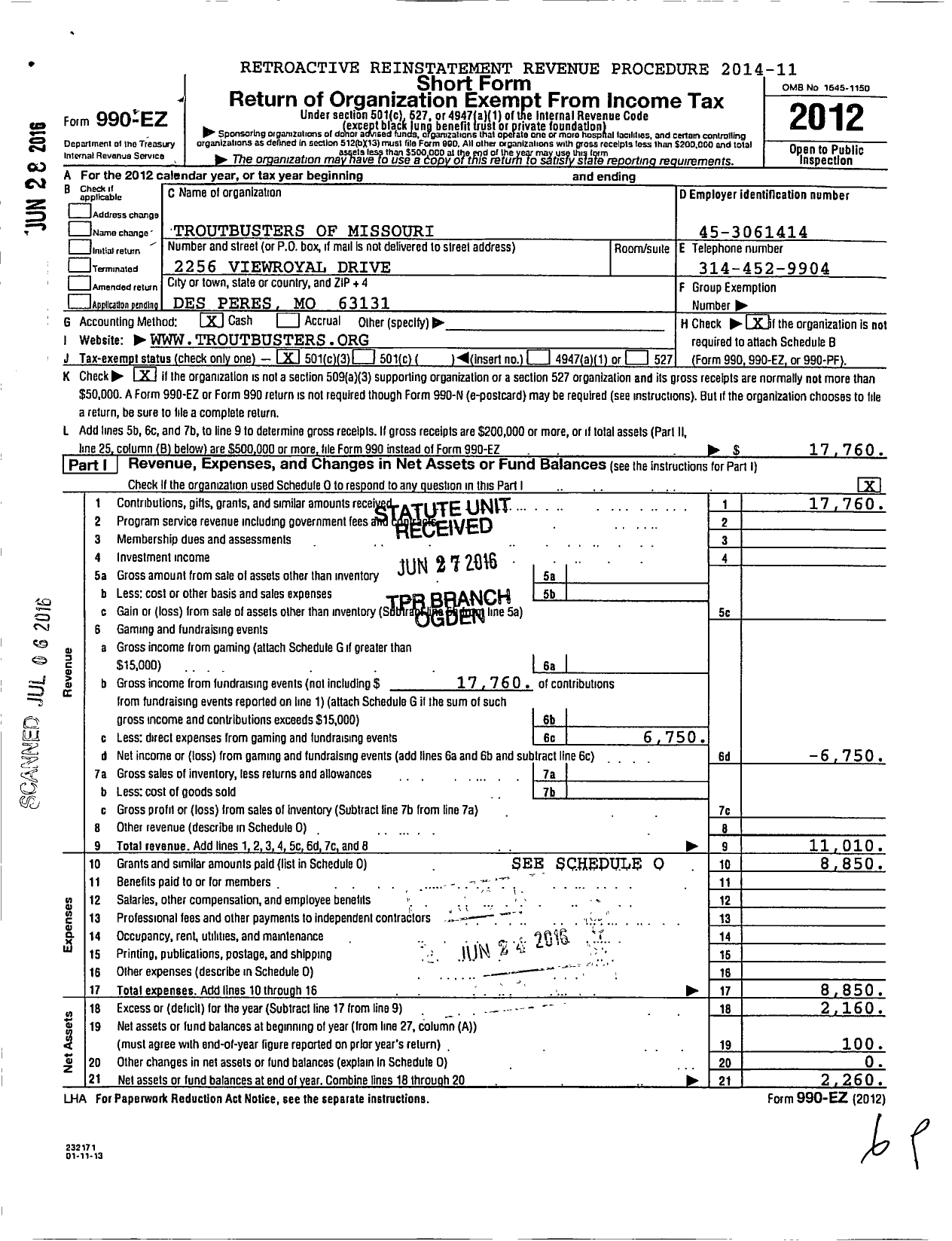 Image of first page of 2012 Form 990EZ for Troutbusters of Missouri