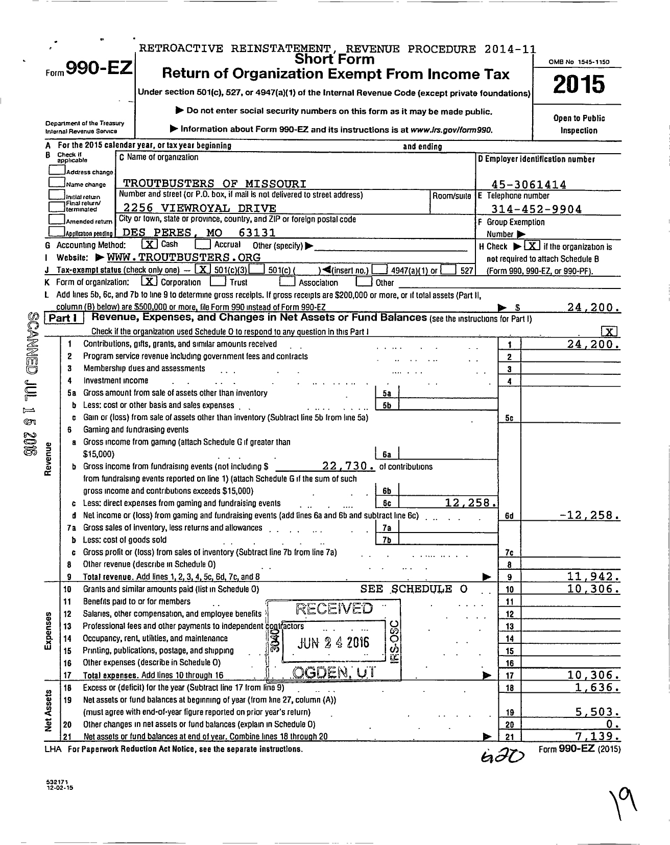 Image of first page of 2015 Form 990EZ for Troutbusters of Missouri