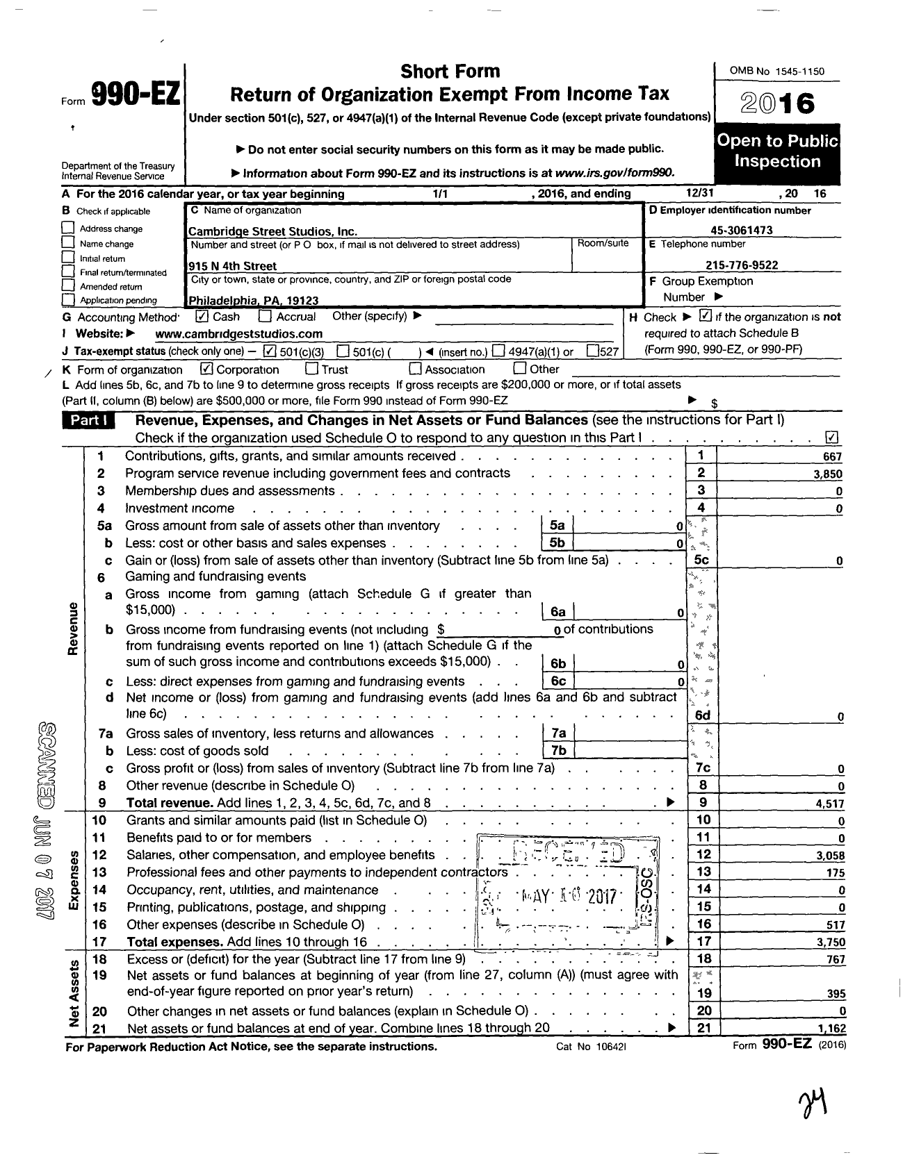 Image of first page of 2016 Form 990EZ for Cambridge Street Studios