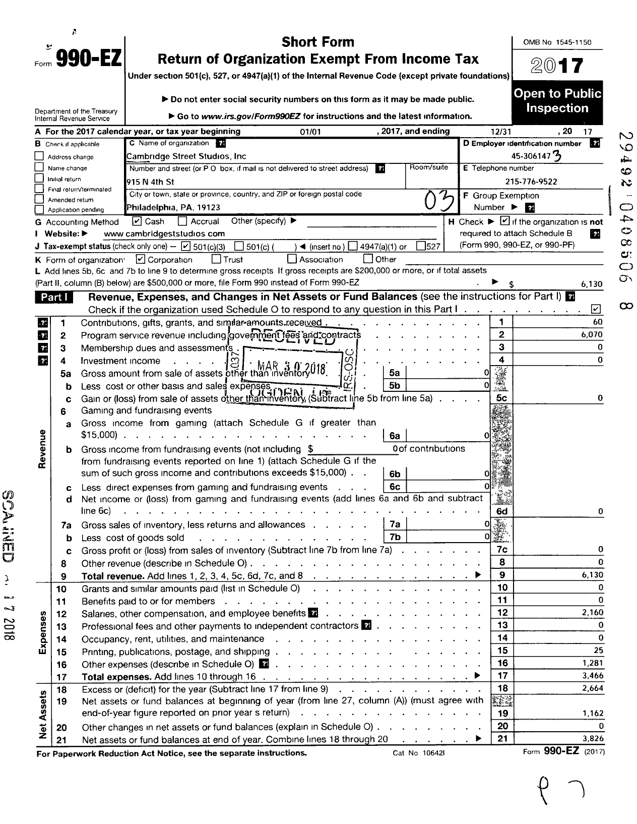 Image of first page of 2017 Form 990EZ for Cambridge Street Studios