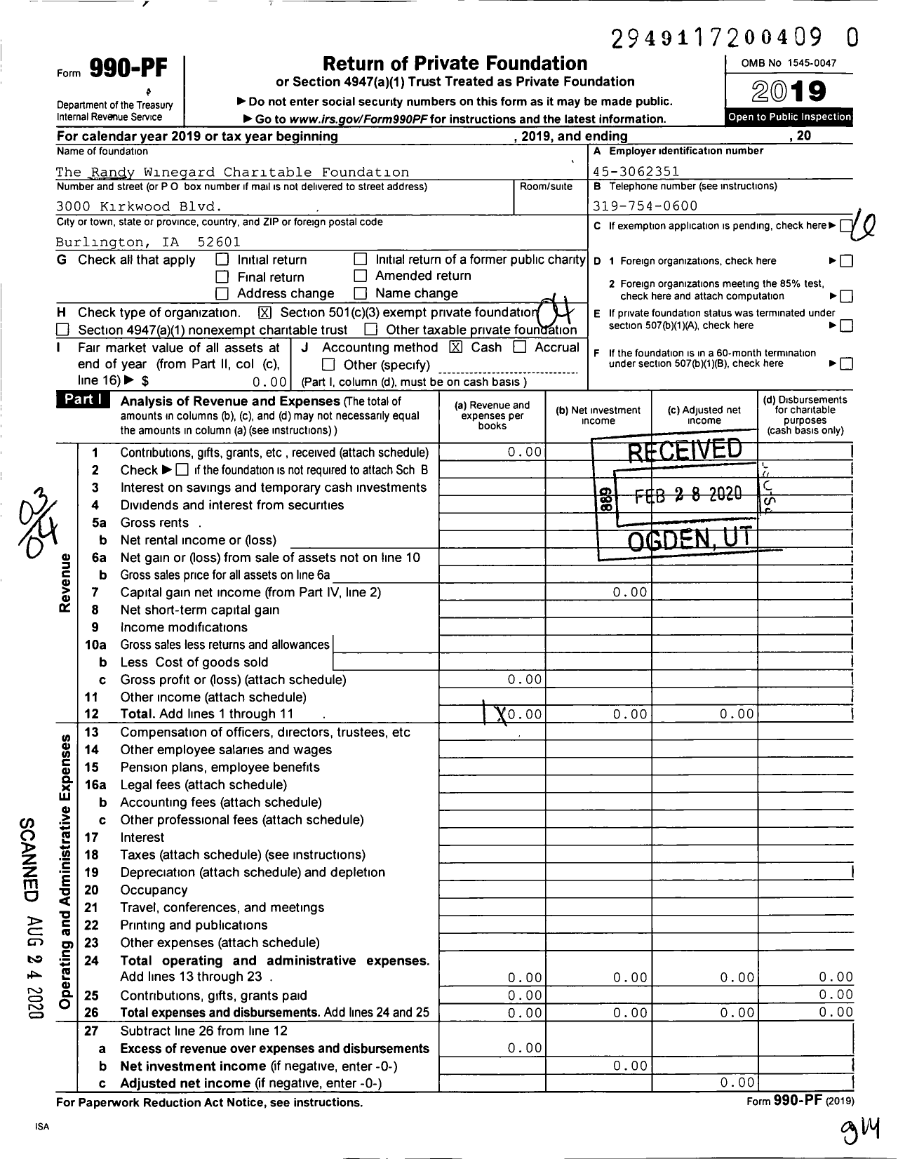 Image of first page of 2019 Form 990PR for The Randy Winegard Charitable Foundation