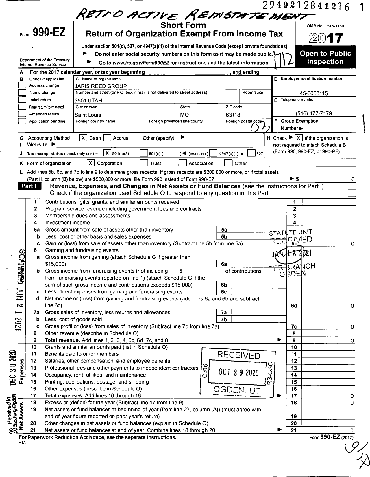 Image of first page of 2017 Form 990EZ for Jaris Reed Group