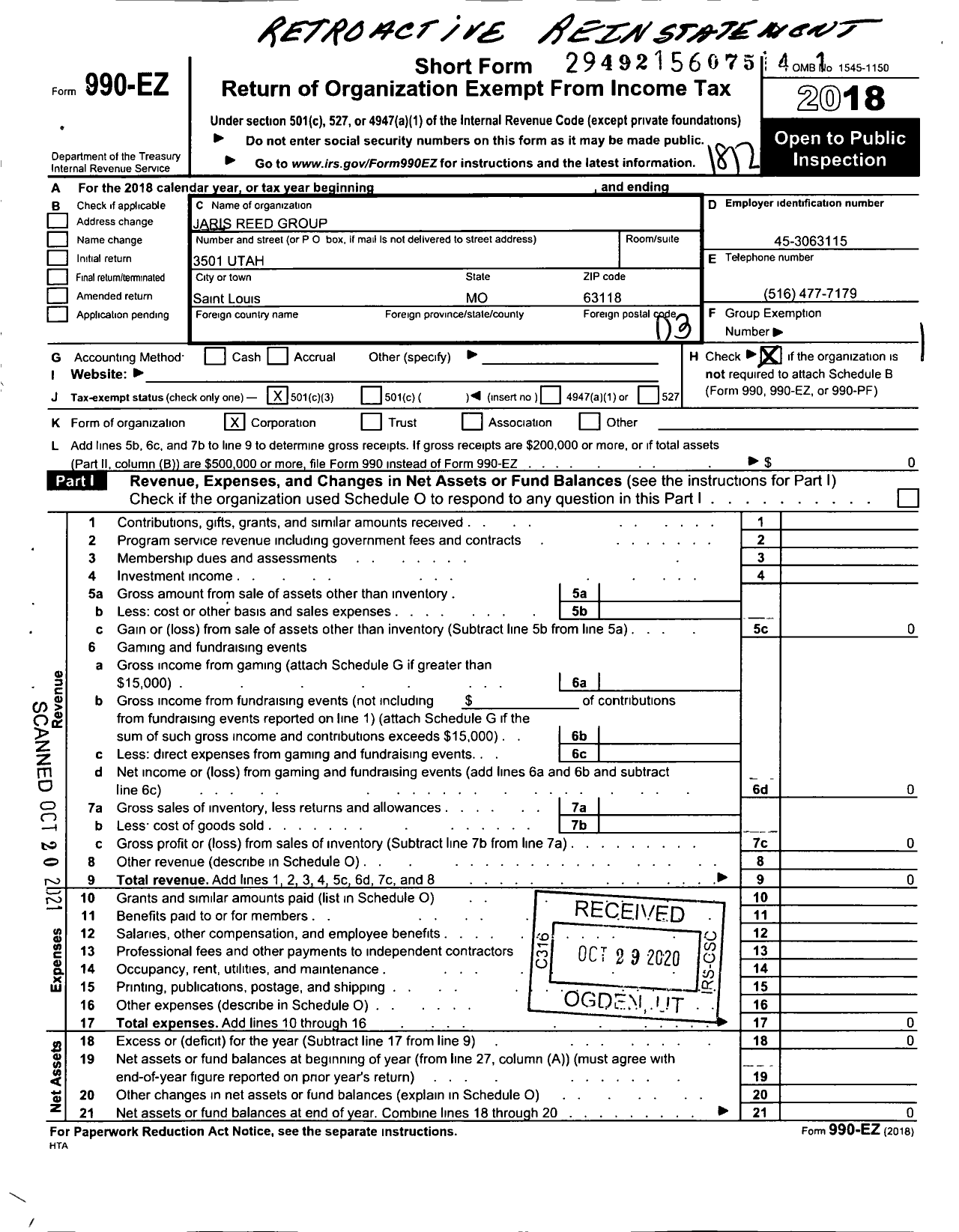 Image of first page of 2018 Form 990EZ for Jaris Reed Group