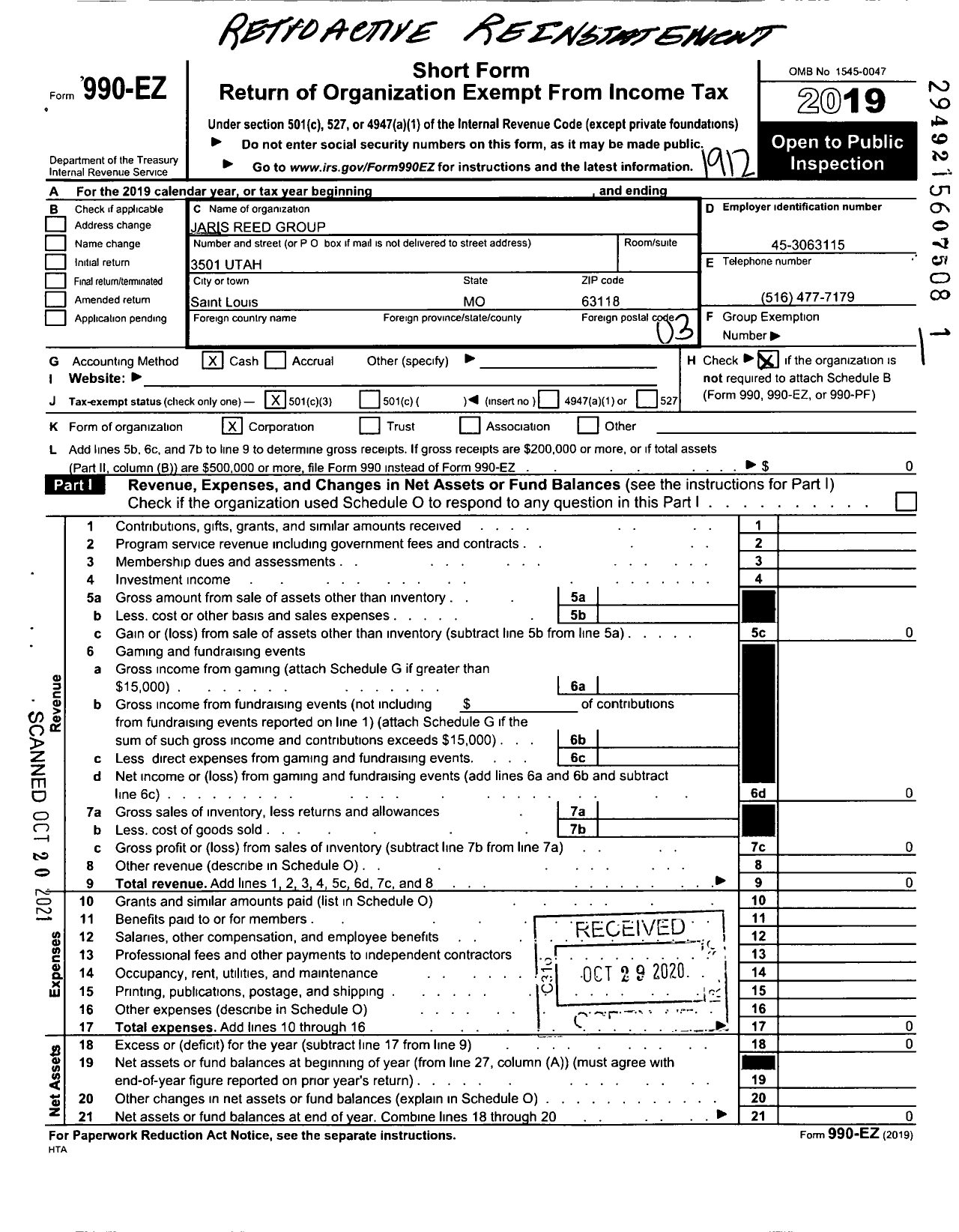 Image of first page of 2019 Form 990EZ for Jaris Reed Group