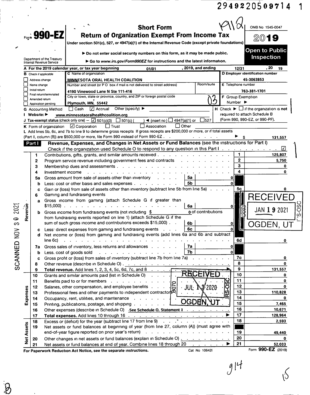 Image of first page of 2019 Form 990EZ for Minnesota Oral Health Coalition