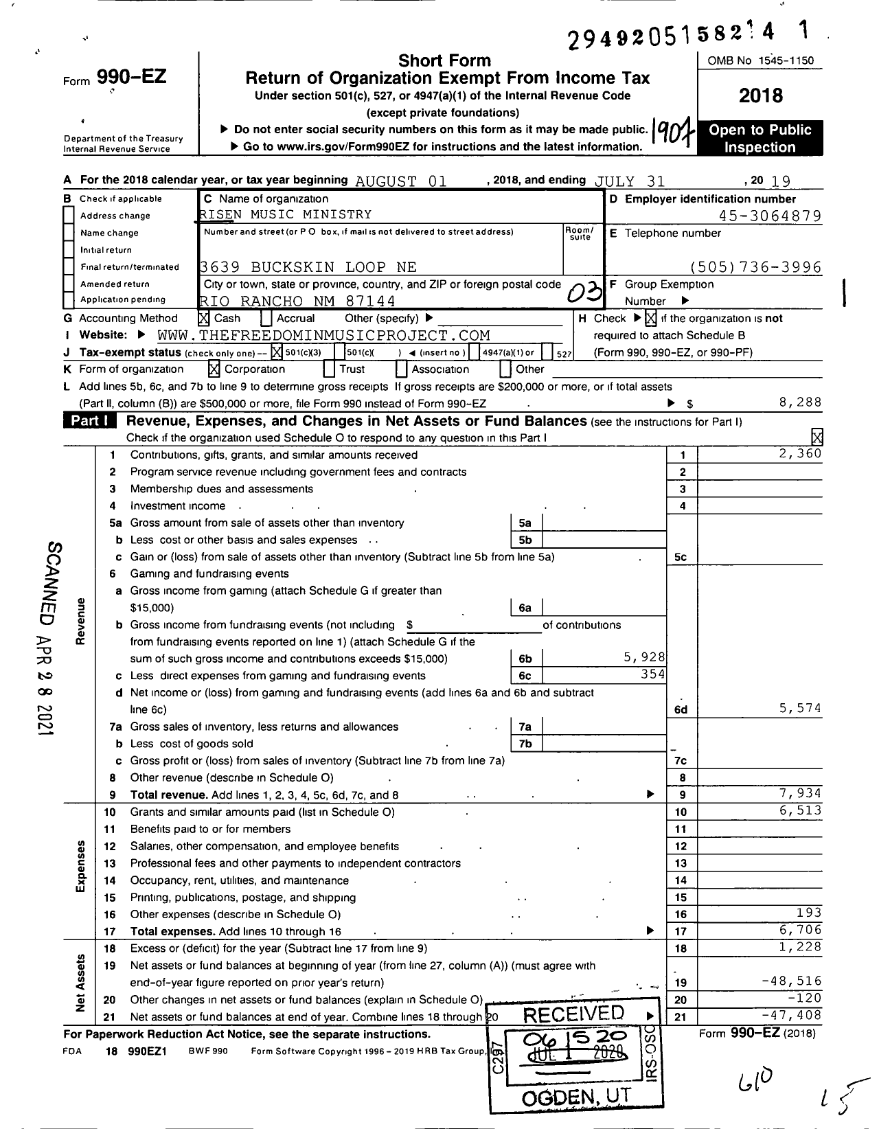 Image of first page of 2018 Form 990EZ for Risen Music Ministry