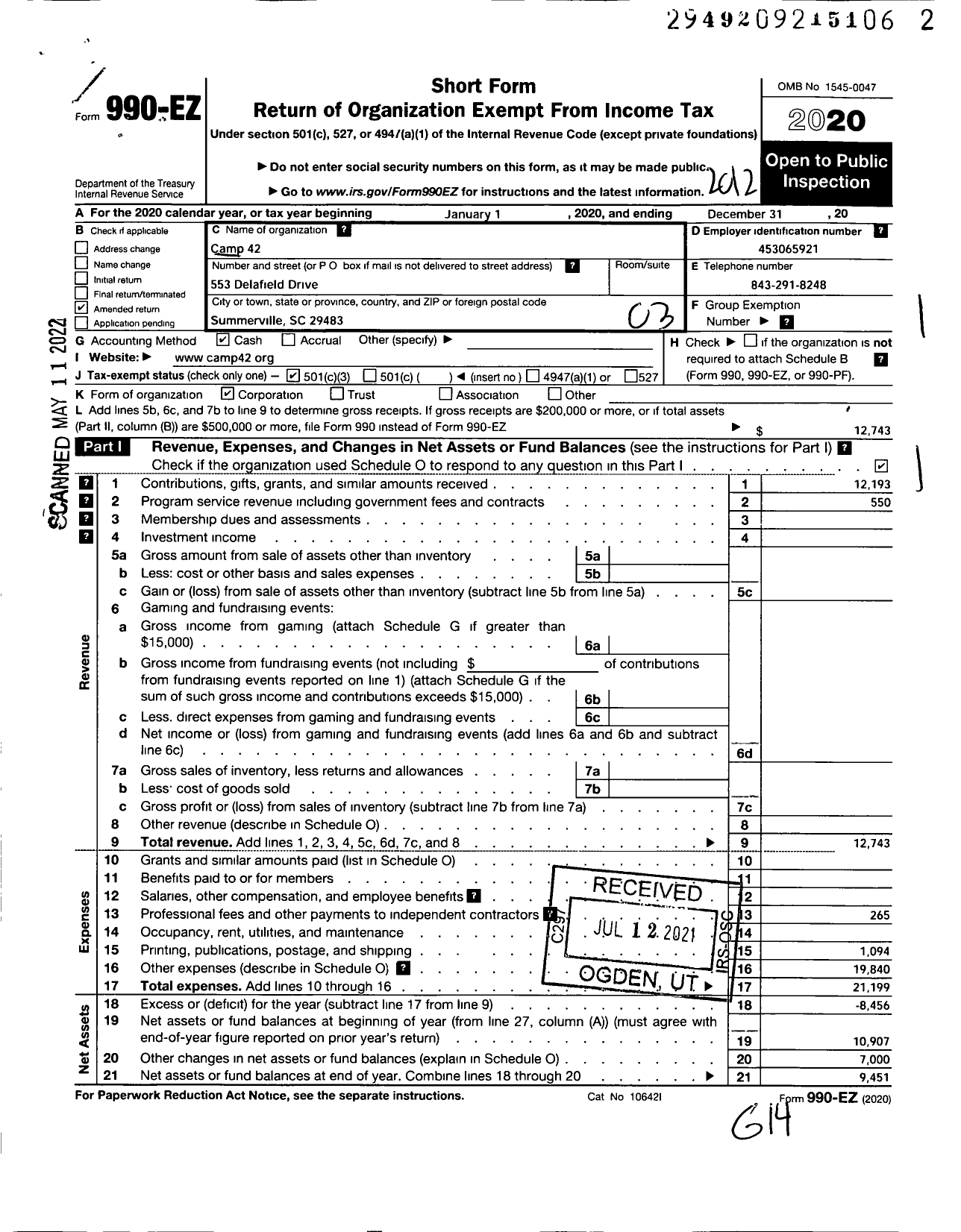 Image of first page of 2020 Form 990EZ for Camp 42