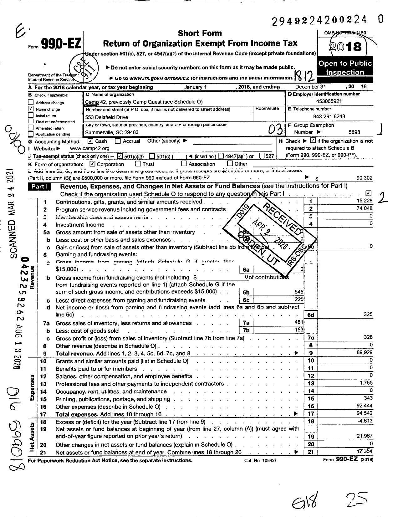 Image of first page of 2018 Form 990EO for Camp 42