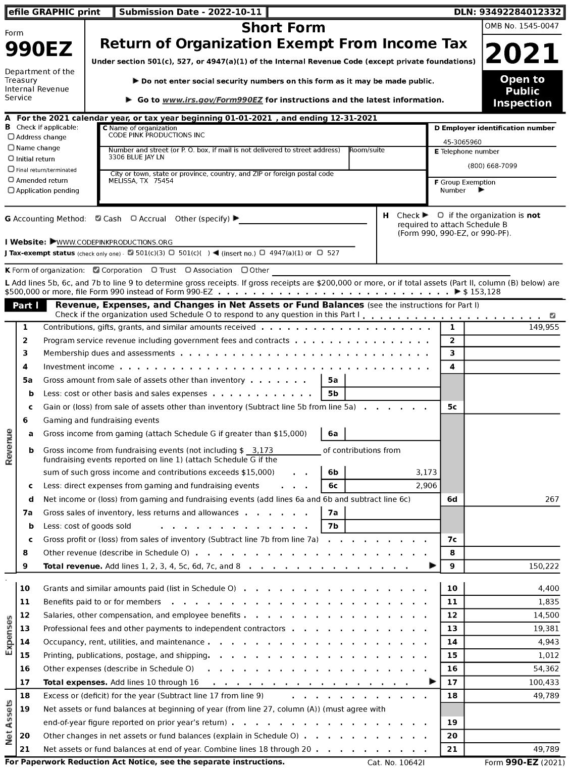 Image of first page of 2021 Form 990EZ for Code Pink Productions