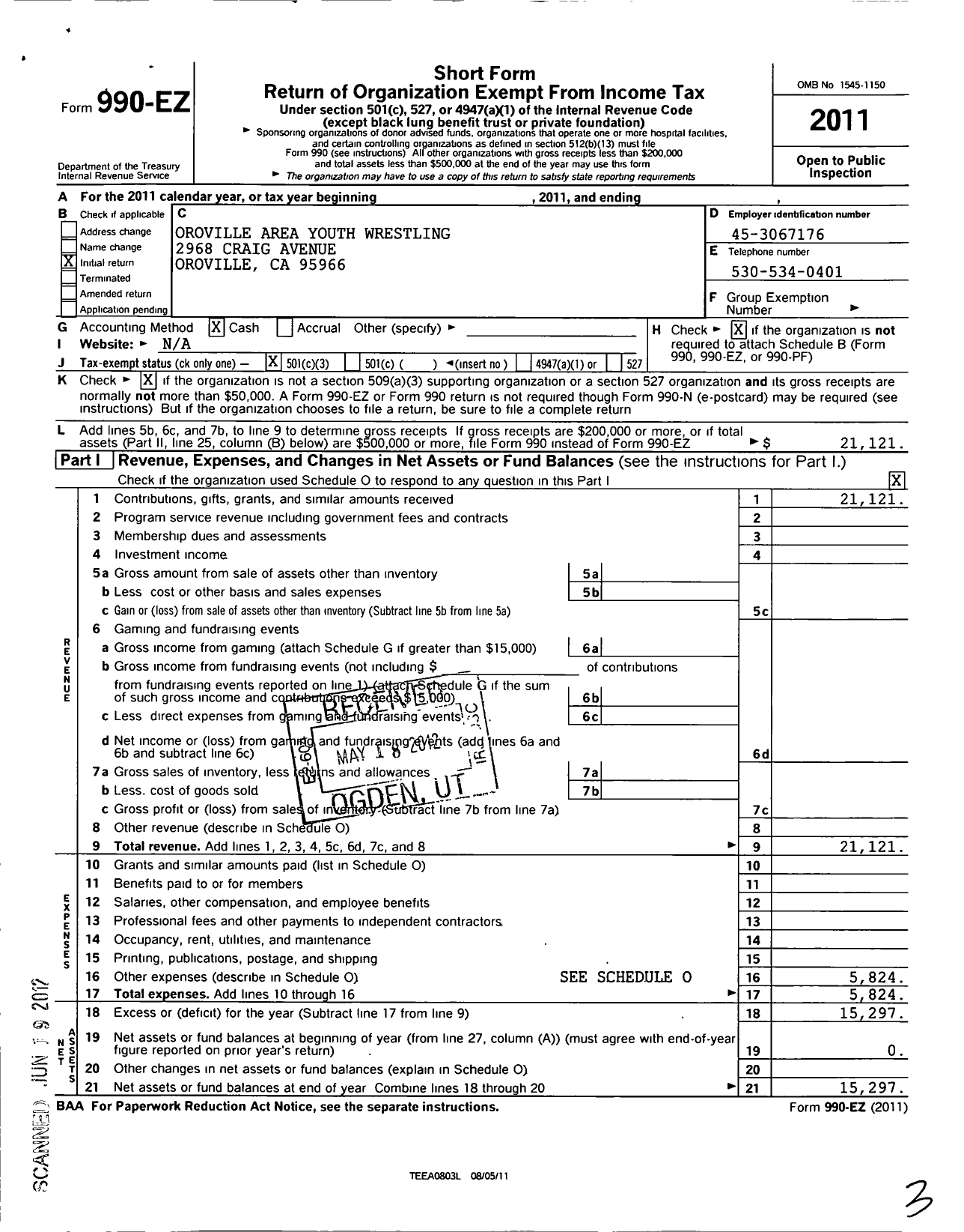 Image of first page of 2011 Form 990EZ for Oroville Area Youth Wrestling