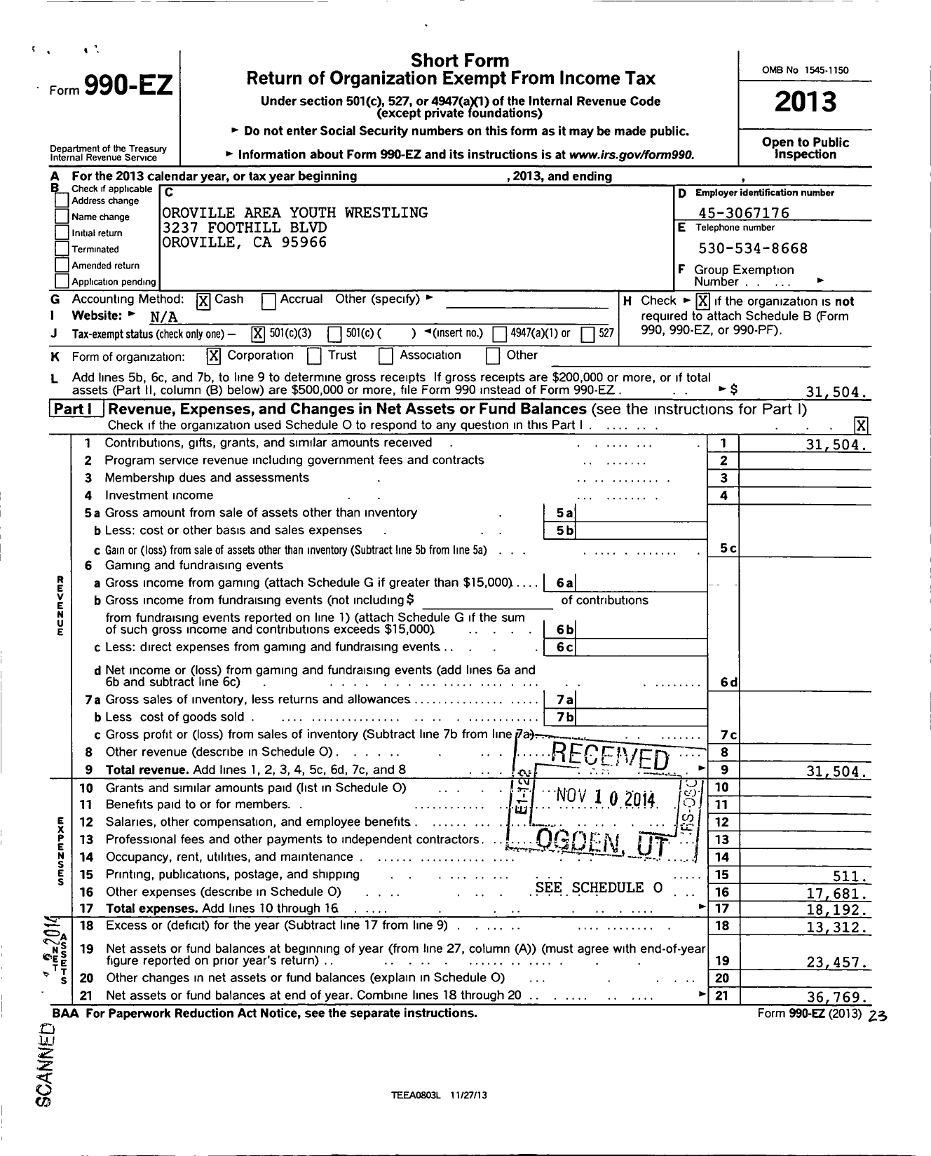 Image of first page of 2013 Form 990EZ for Oroville Area Youth Wrestling