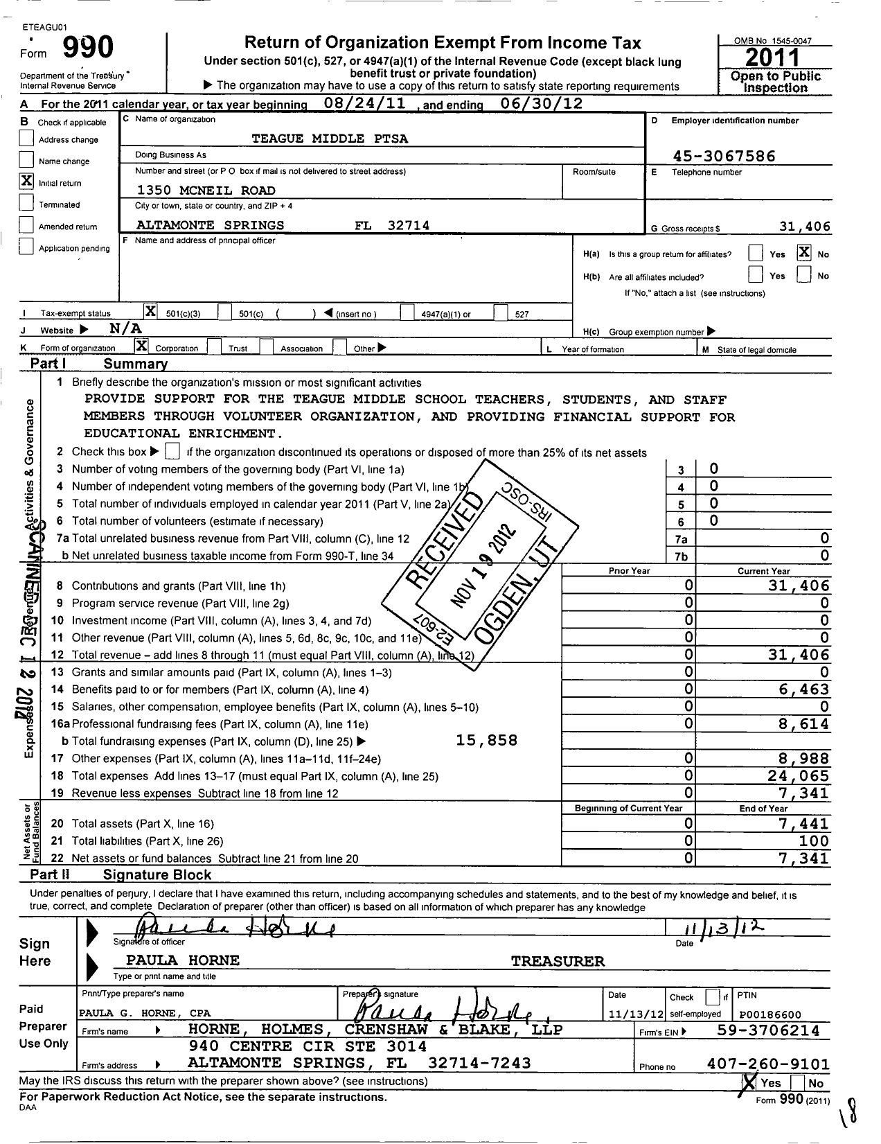 Image of first page of 2011 Form 990 for PTA Florida Congress