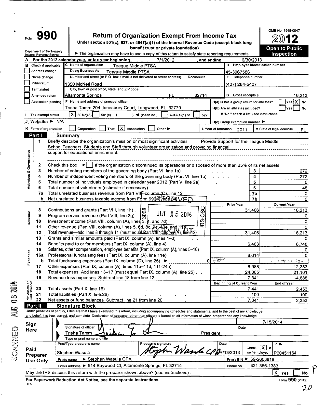 Image of first page of 2012 Form 990 for PTA Florida Congress - Teague Middle Ptsa