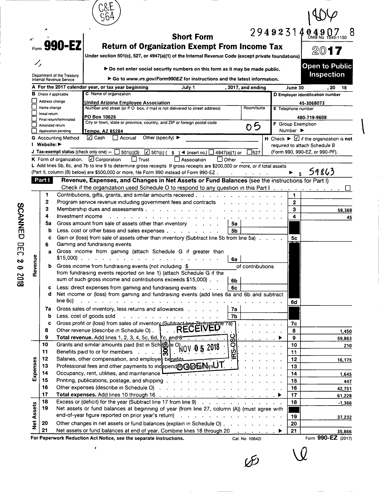 Image of first page of 2017 Form 990EO for United Arizona Employee Association