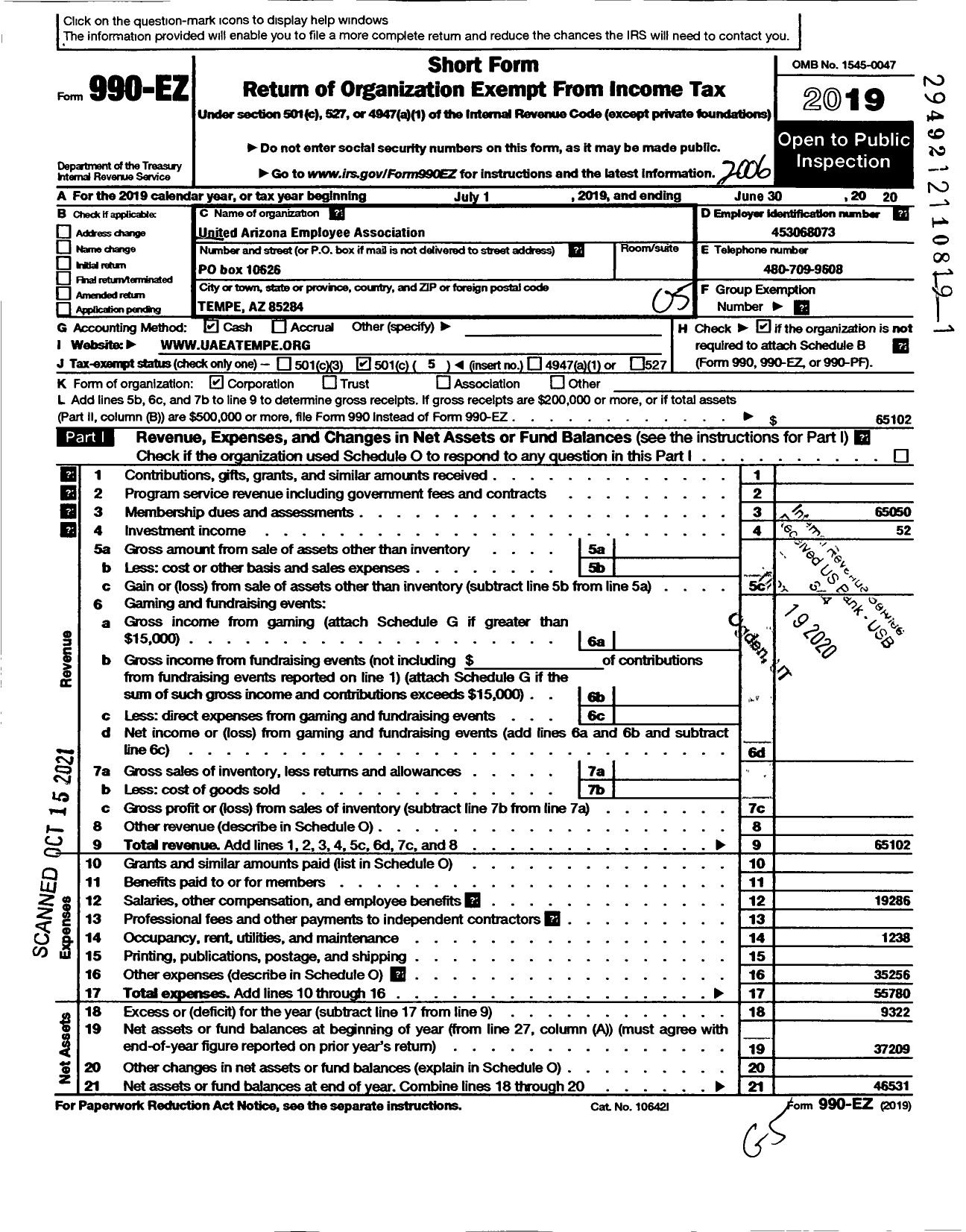 Image of first page of 2019 Form 990EO for United Arizona Employee Association