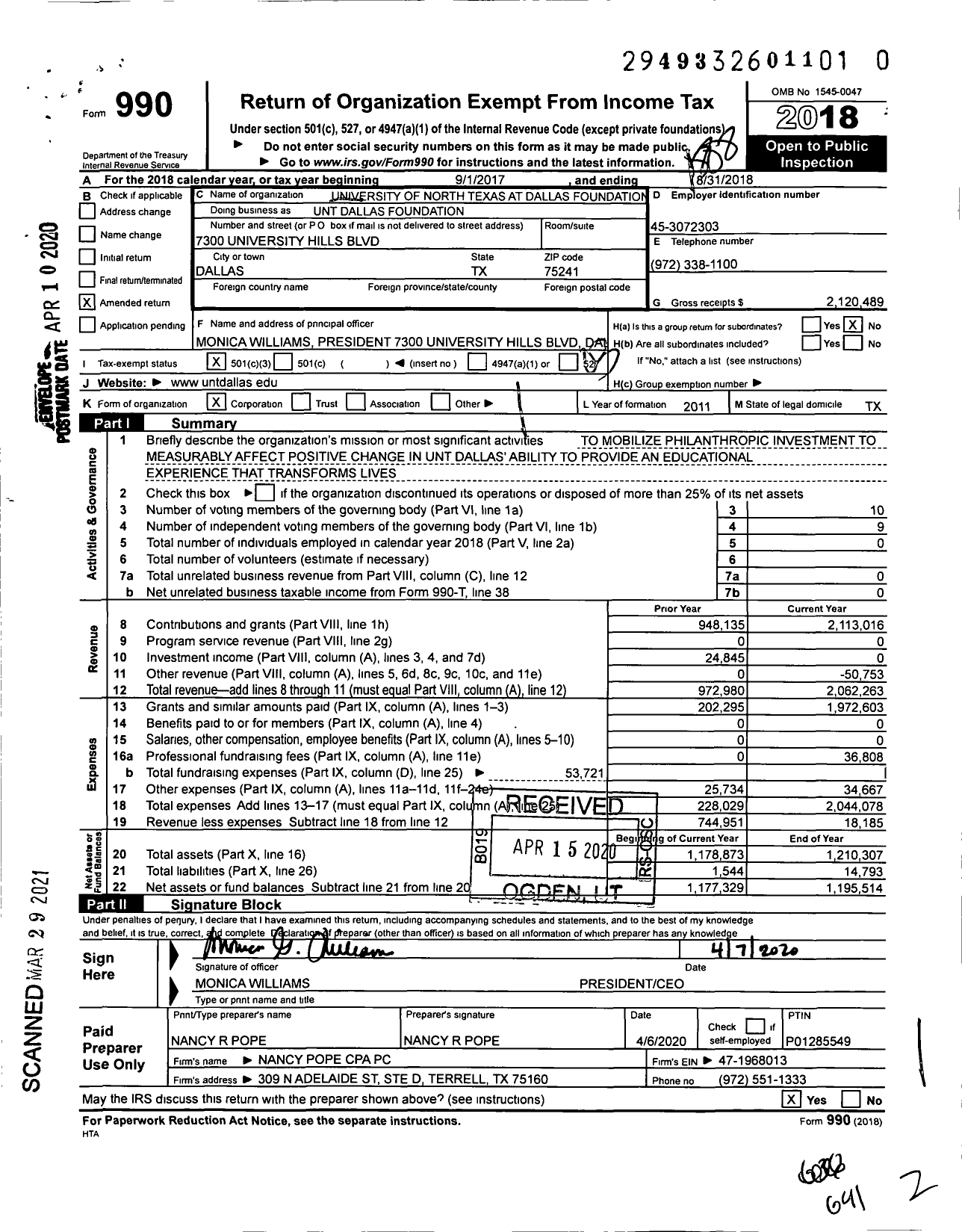 Image of first page of 2017 Form 990 for University of North Texas at Dallas Foundation