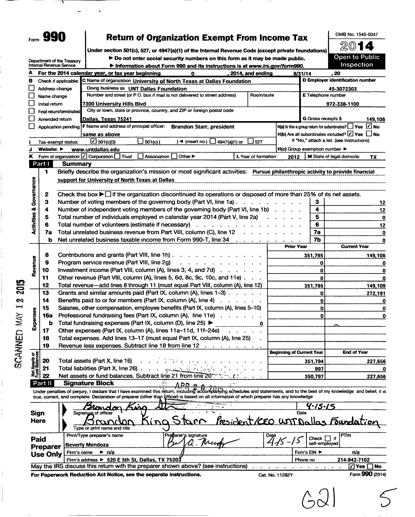 Image of first page of 2013 Form 990 for University of North Texas at Dallas Foundation