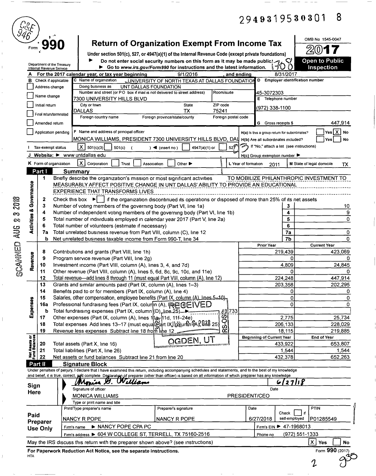 Image of first page of 2016 Form 990 for University of North Texas at Dallas Foundation