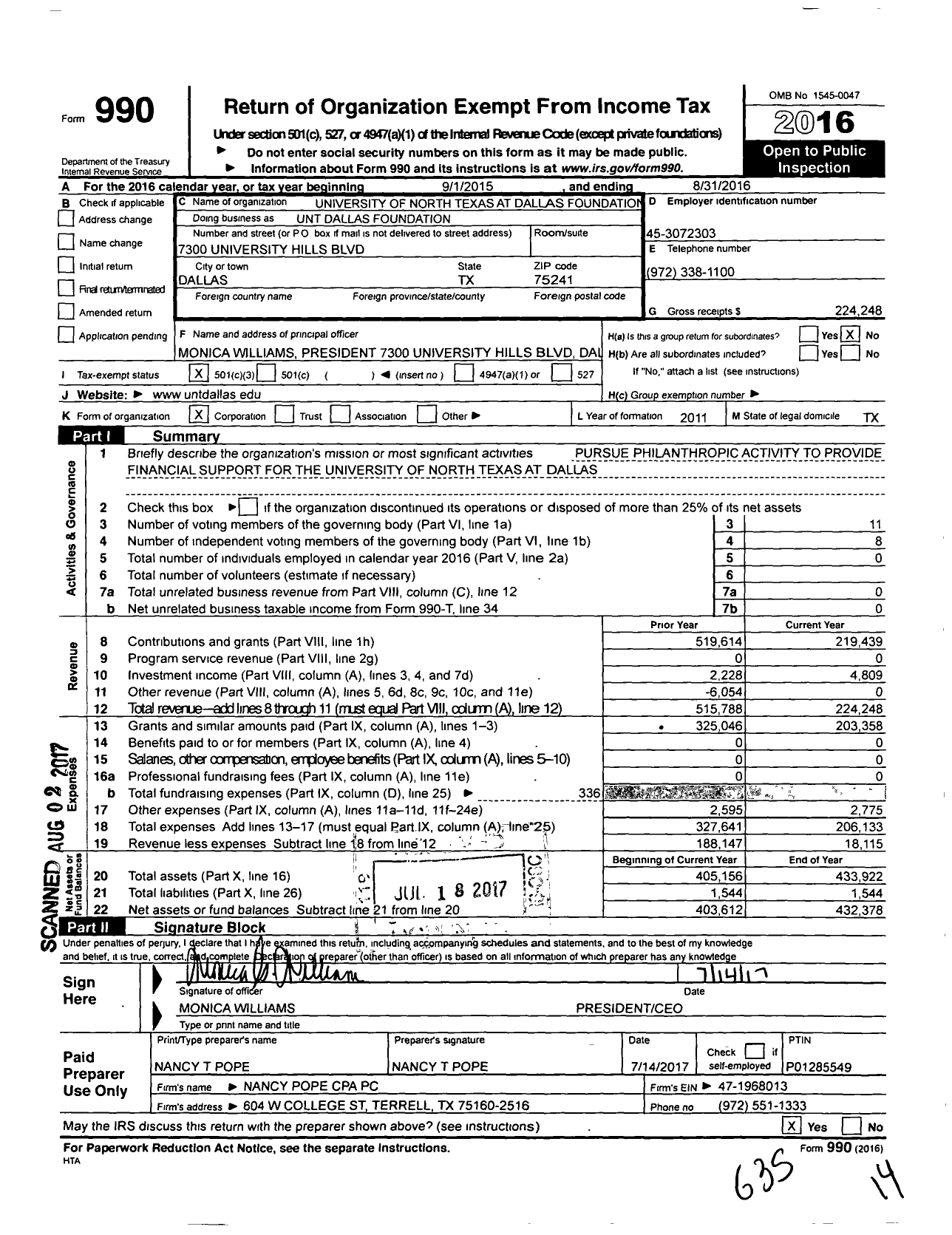 Image of first page of 2015 Form 990 for University of North Texas at Dallas Foundation