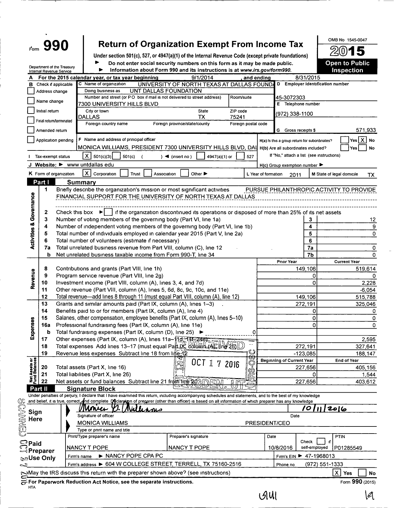 Image of first page of 2014 Form 990 for University of North Texas at Dallas Foundation