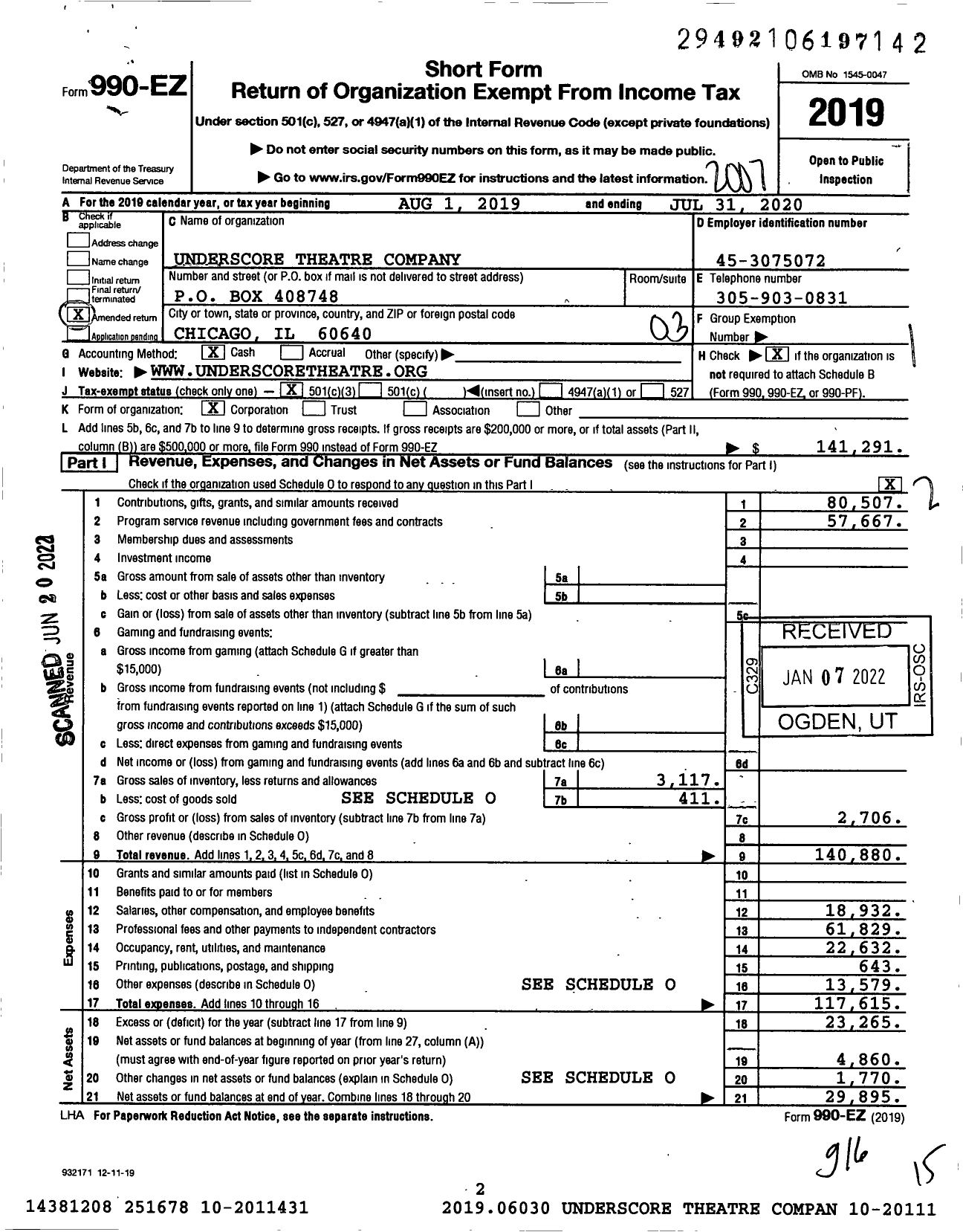 Image of first page of 2019 Form 990EZ for Underscore Theatre Company