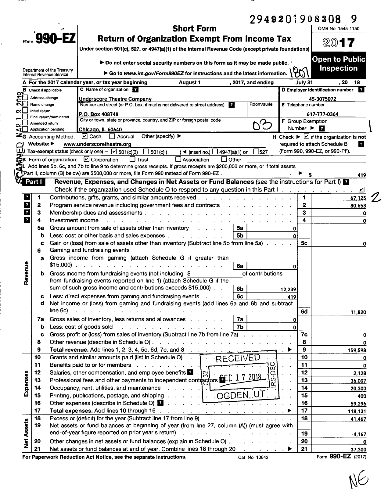 Image of first page of 2017 Form 990EZ for Underscore Theatre Company